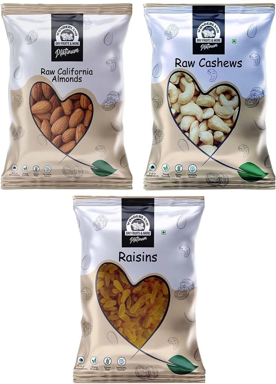 Image of WONDERLAND Foods Hand Picked Premium Combo of Platinum Almonds, Cashews, Raisins