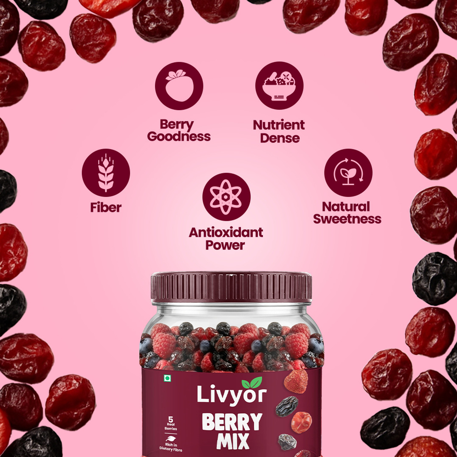 Image of LIVYOR Berry Mix | 5 in 1 Mixed Berries Dry Fruits Blueberry, Cranberries, Strawberries, Cherries, Raisins