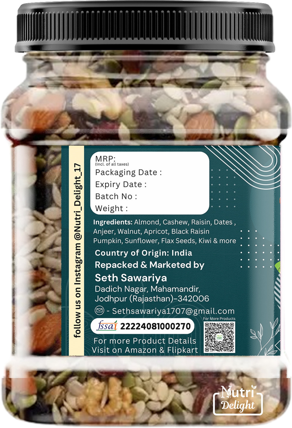 Image of Nutri Delight Healthy Nutmix | Mixed Dryfruits | Source of Vitamin and Minerals Almonds, Apricots, Cashews, Figs, Dry Dates, Raisins, Kiwi, Assorted Seeds & Nuts