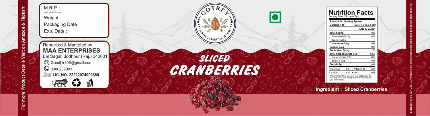 Image of GOTREY Premium Californian Dried and Sweet Sliced Cranberries 1kg Jar Pack Cherries (1 x 1 kg)