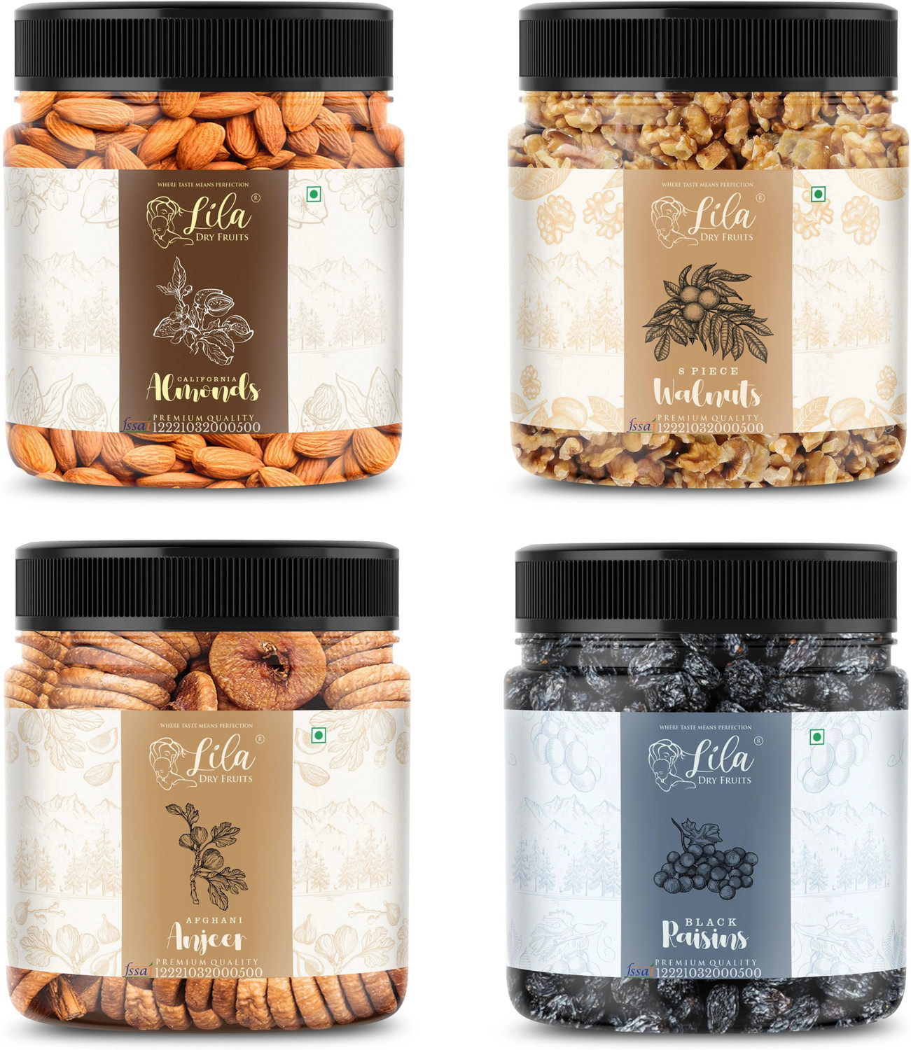 Image of lila dry fruits Anjeer Badam Akhrot Kali Kishmis | Healthy and Tasty | Perfect for Gifting Figs, Almonds, Walnuts, Raisins (4 x 100 g)