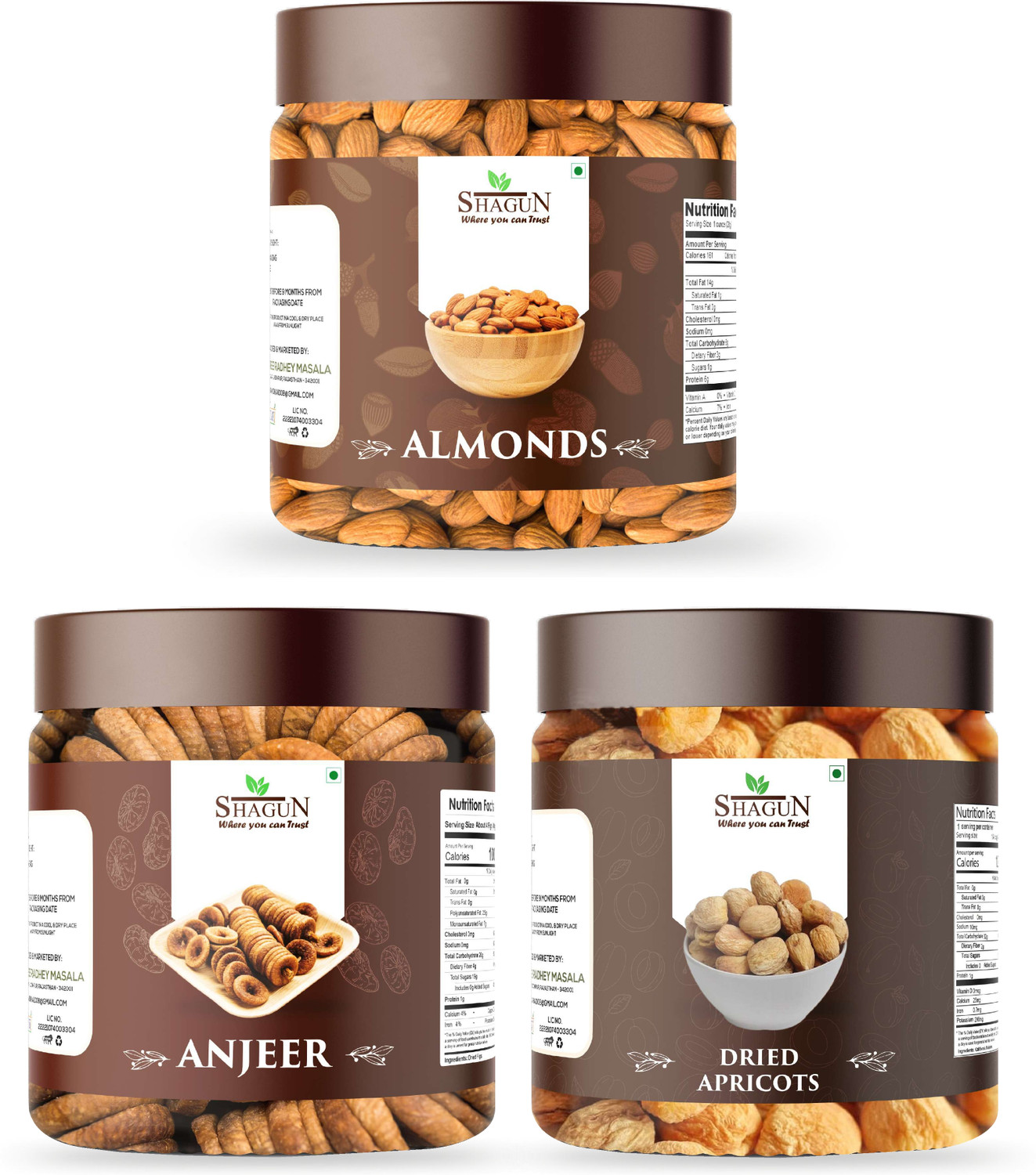 Image of SHAGUN California Almonds 250g, Anjeer 250g, Dried Apricots 250g Combo Pack of 3