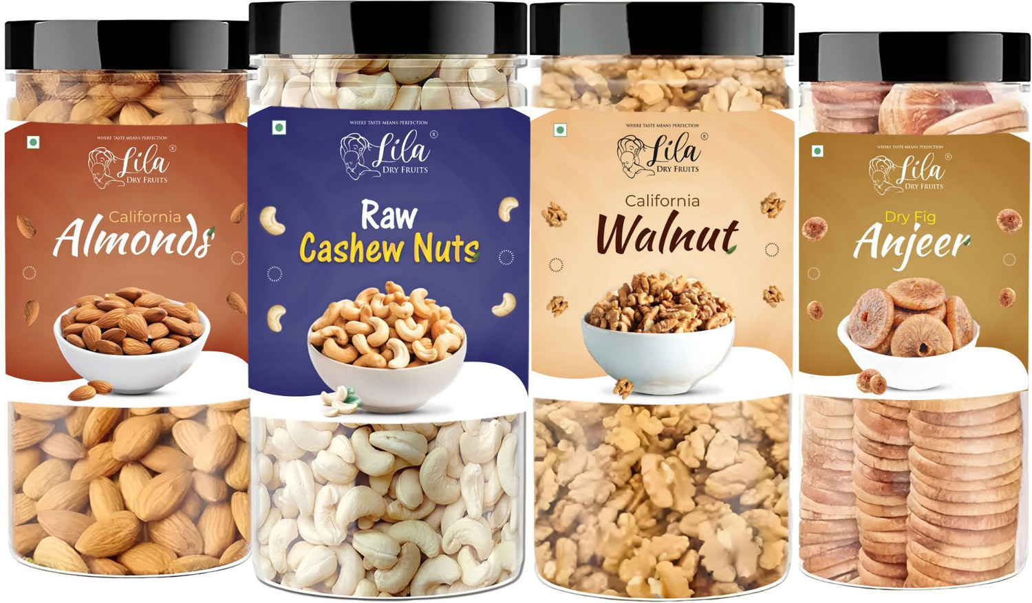 Image of lila dry fruits Almond(100gm), Cashew (100gm), Walnut (100gm) & Figs(100 gm) Combo Almonds, Cashews, Walnuts, Figs