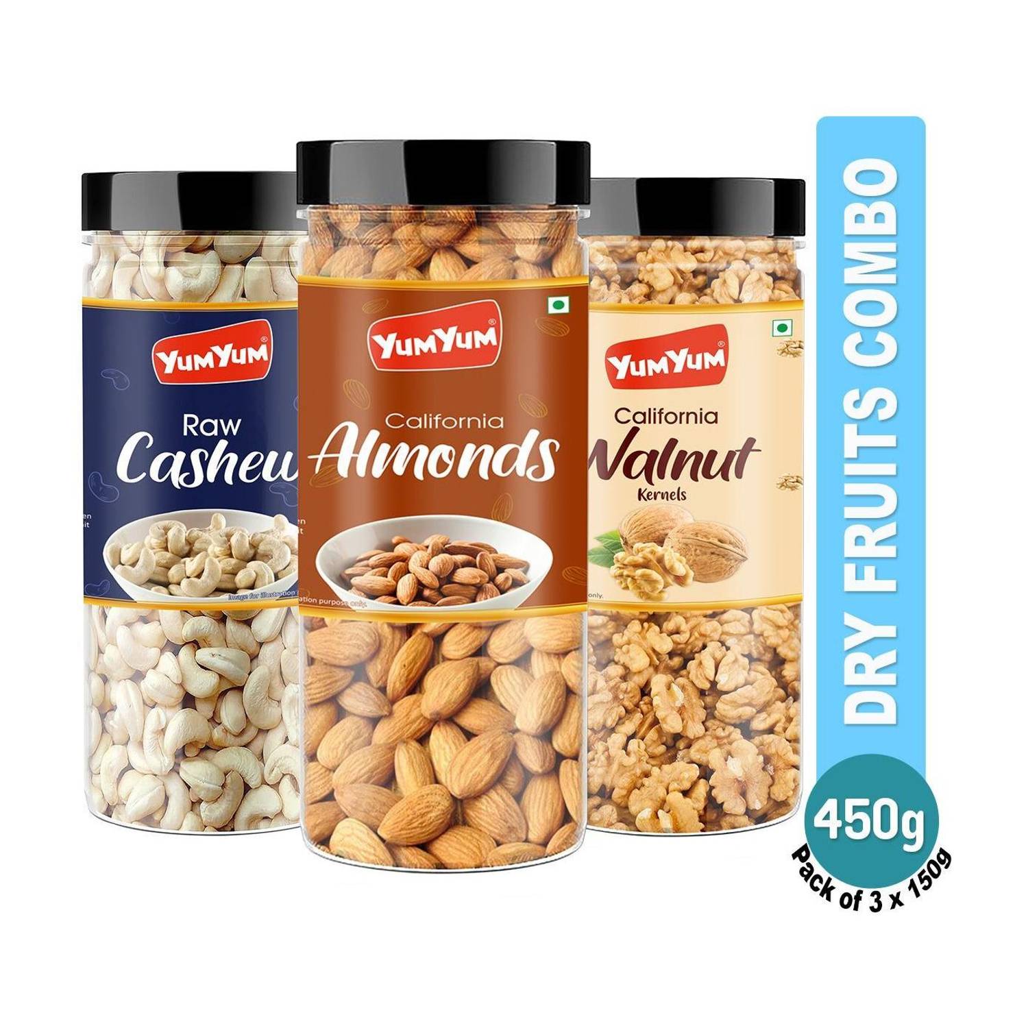 YUM YUM Dry fruits combo pack of Almonds, Cashew & Walnut | akhrot, kaju & badam 450gm - Almonds, Cashews, Walnuts