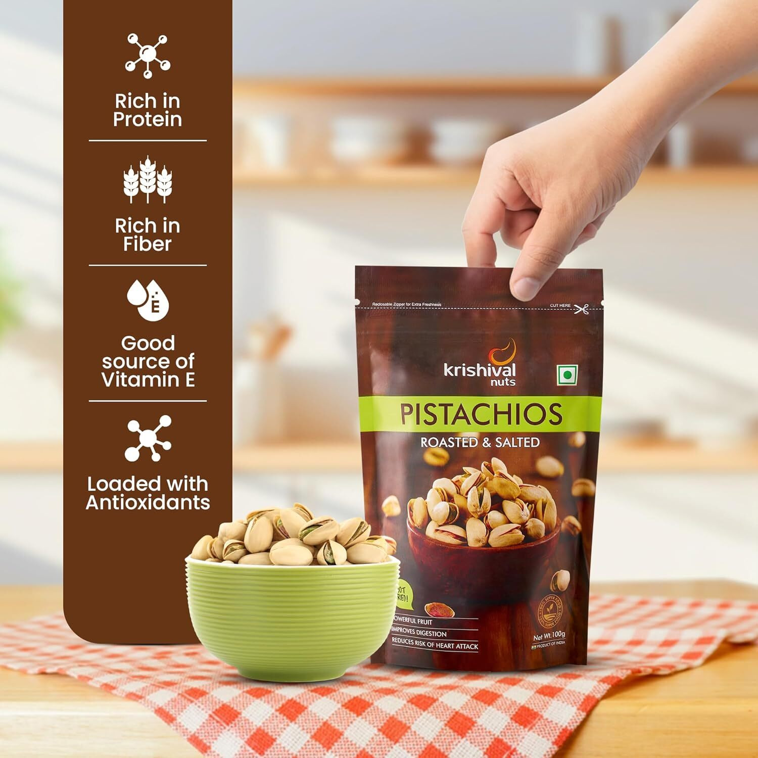 Image of Krishival NUTS Premium Roasted & Salted Pistachios 200 grams (2 packs of 100 gram each) Pistachios