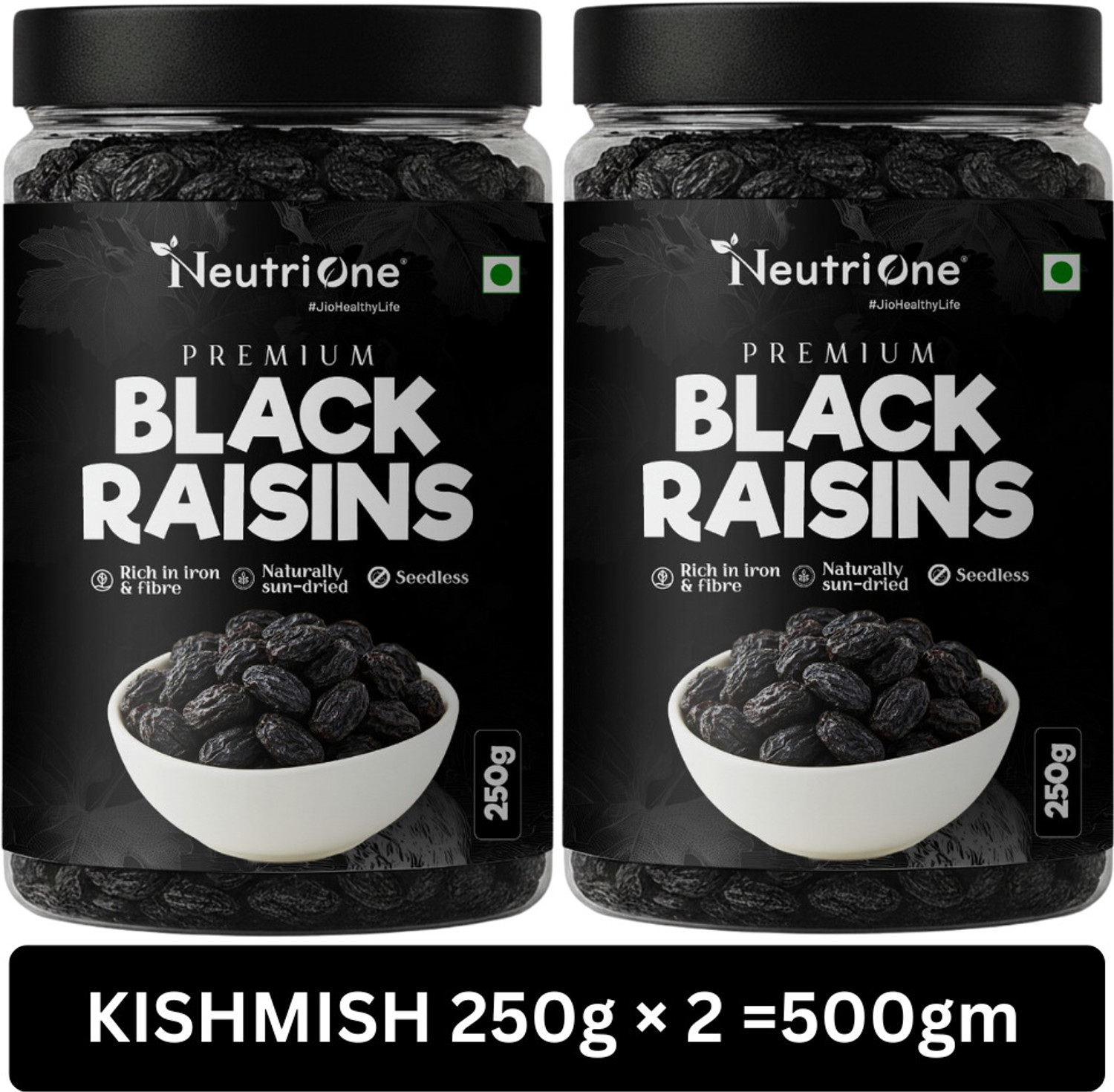 Image of NeutriOne Premium Black Raisins | Kismish 500 gm | Sweet & Soft Kishmish /Kismis dry fruits Raisins