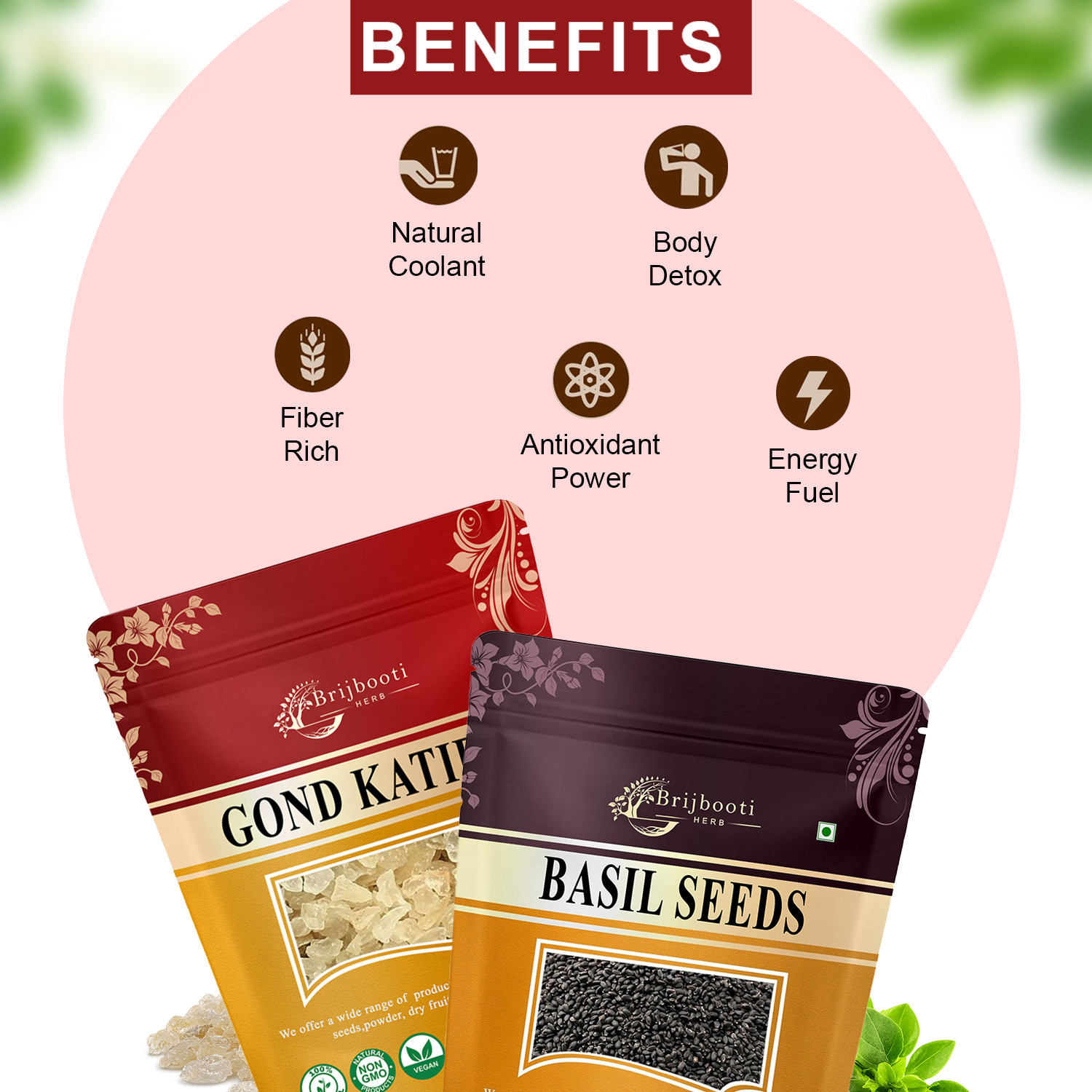 Image of BrijBooti Gond katira 100g & Sabja seeds 100g Combo | Tragacanth Gum Crystals & Tukhmaria Dried Gum