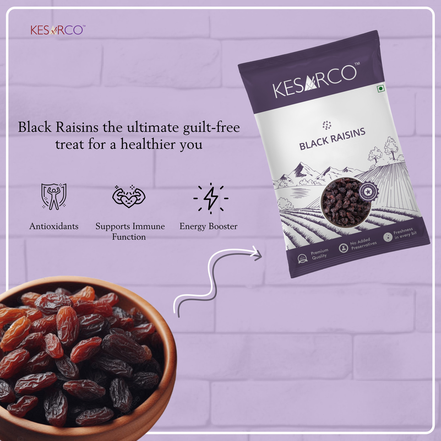 Image of KESARCO Black Raisins 1kg (500g x 2) | Premium Quality Kali Kishmish | Naturally Sweet Raisins