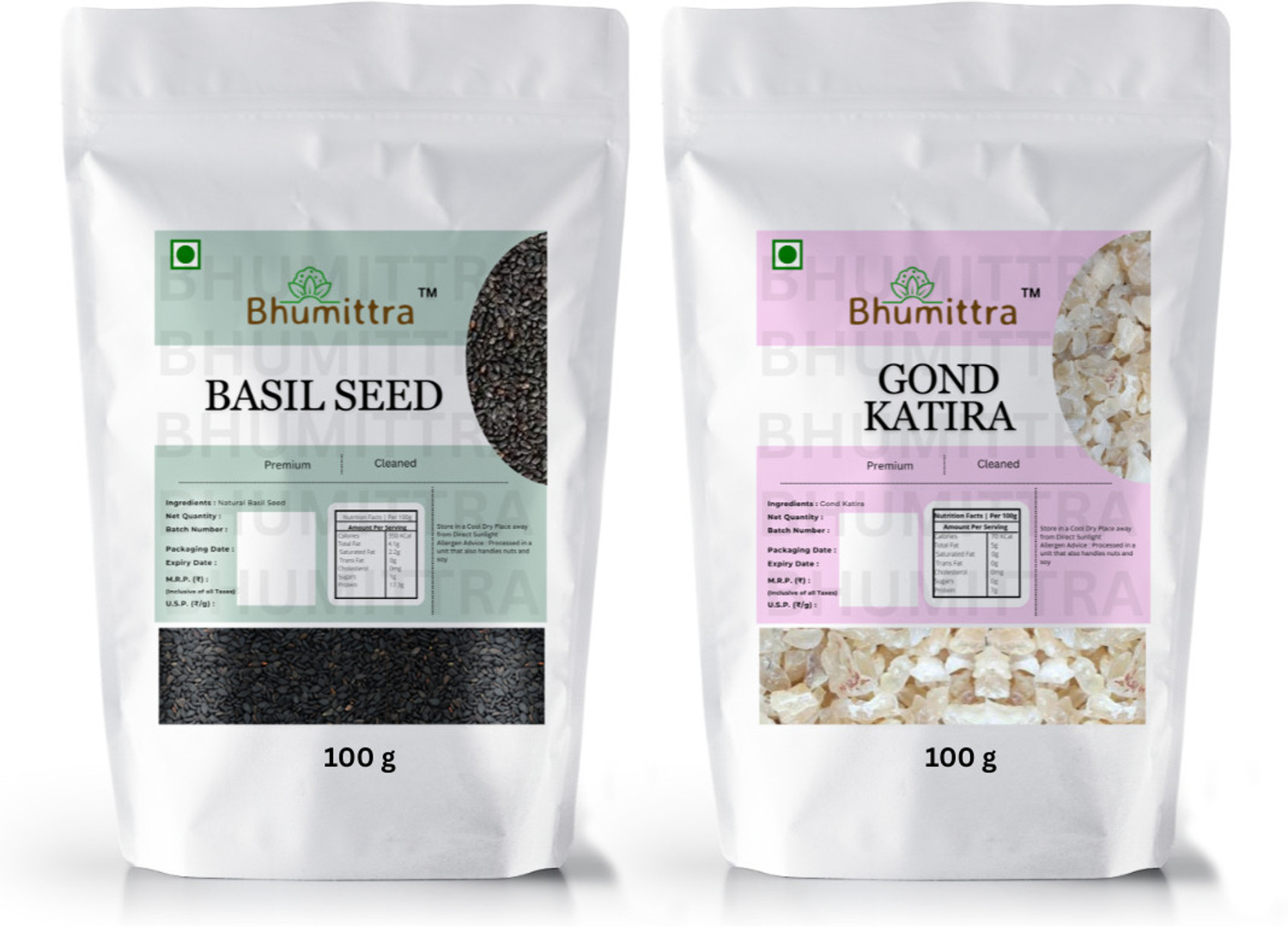 Image of Bhumittra Gond Katira 100 G & Basil Seeds 100 G | Body Cooler Combo Pack Dried Gum