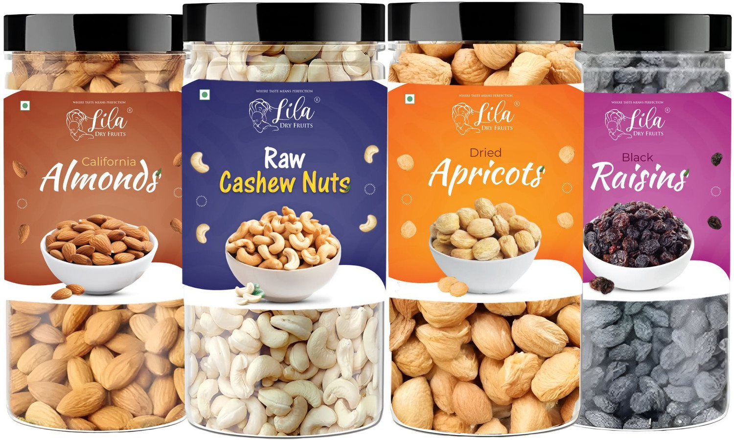 Image of lila dry fruits Almond(150gm), Cashew (150gm), Black Raisin (150gm) & Apricots(150 gm) Combo Almonds, Cashews, Raisins, Apricots (4 x 150 g)