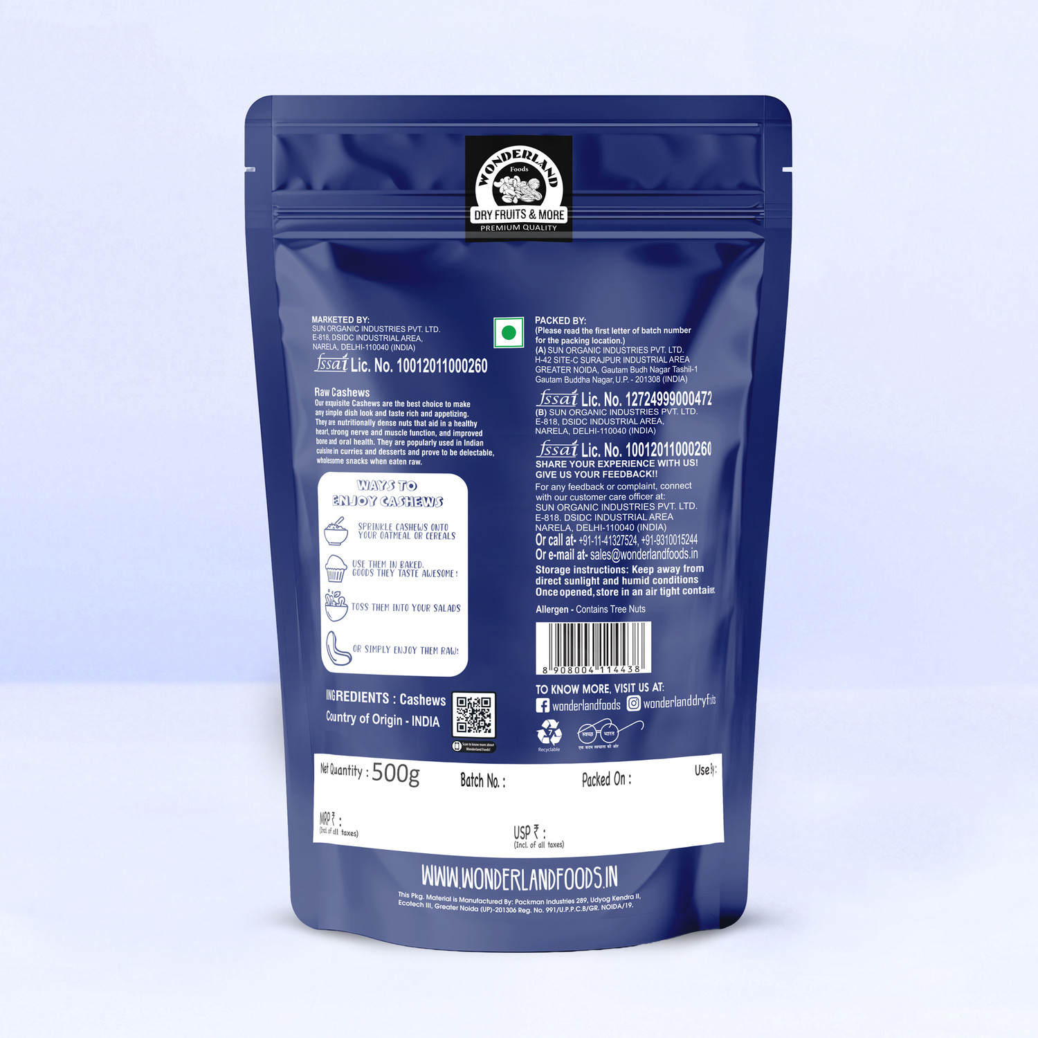 Image of WONDERLAND Foods Premium Whole Raw Cashew (Kaju) 1Kg (500gX2) Pouch Kaju Kaaju Nuts Cashews