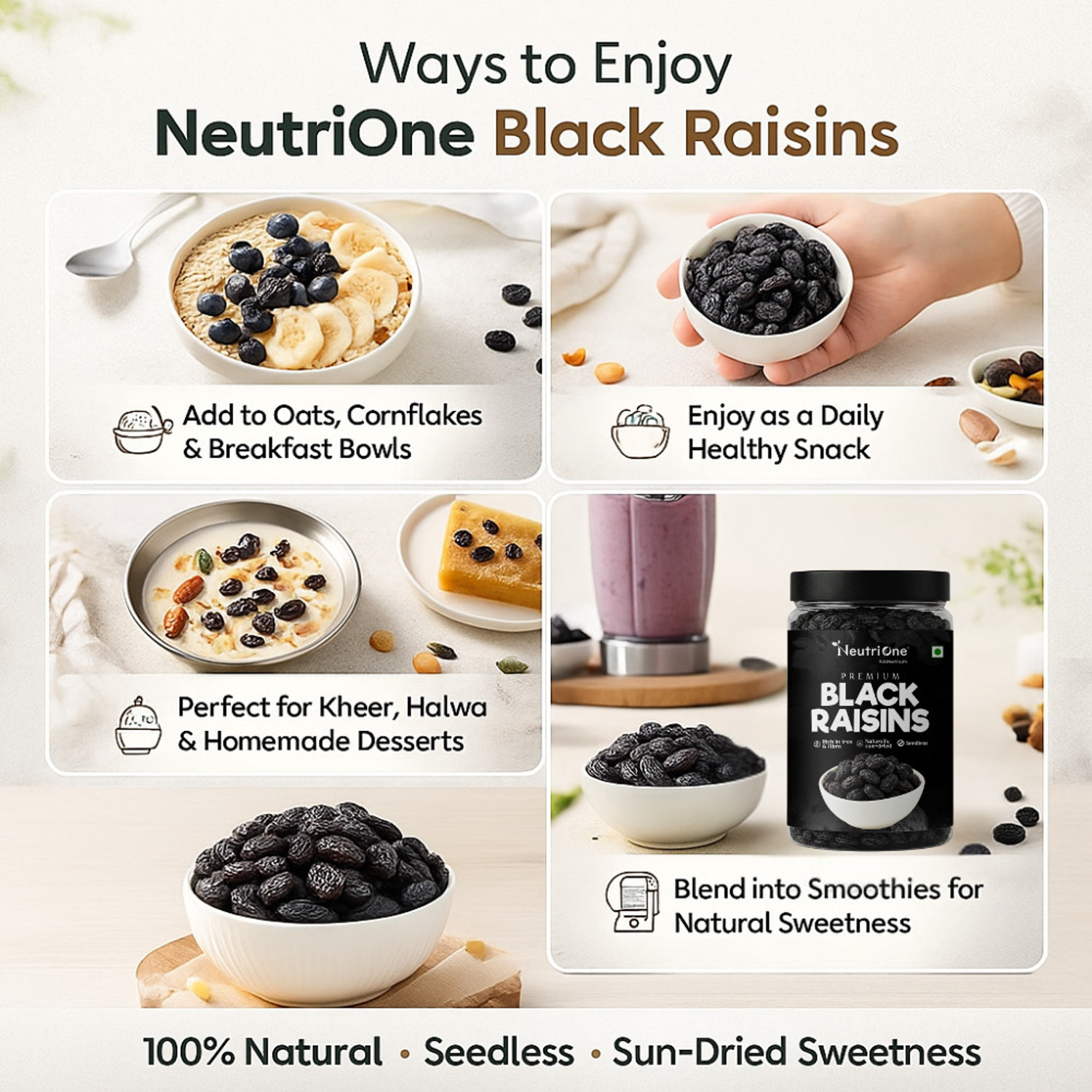 Image of NeutriOne Premium Black Raisins | Kismish 500 gm | Sweet & Soft Kishmish /Kismis dry fruits Raisins
