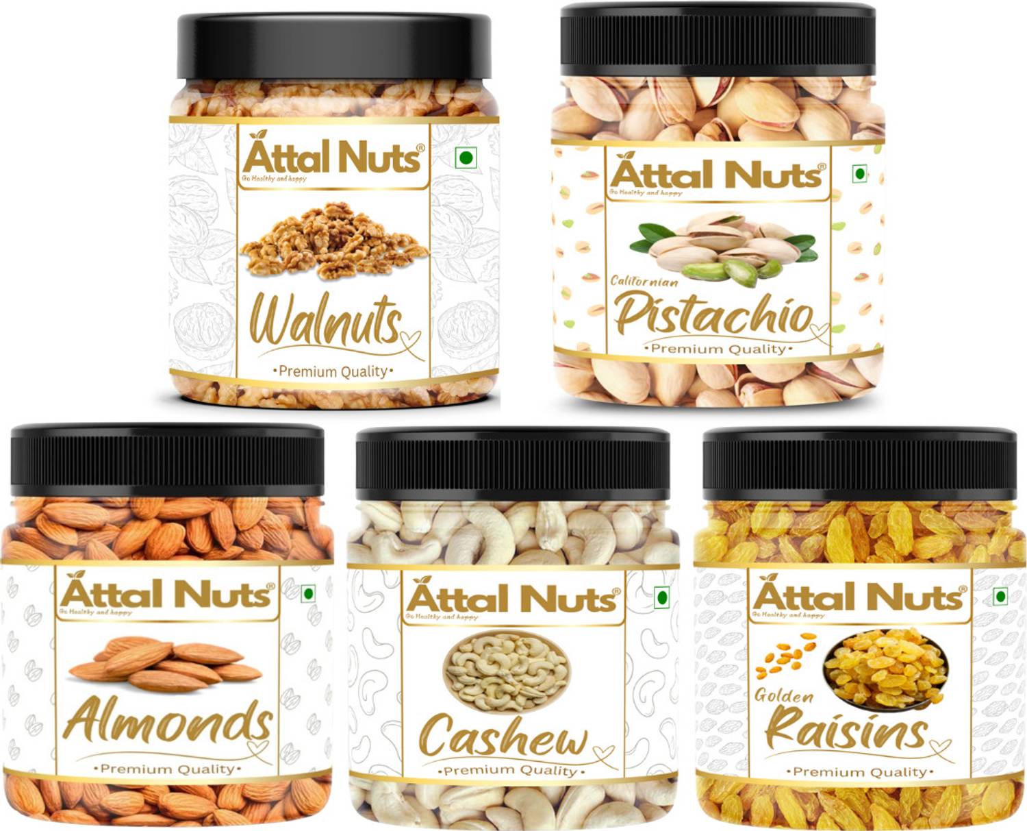 Attal Nuts Dry fruits combo pack of Healthy 5 Badam Kaju Pista Kishmish Akhrot 500g Almonds, Cashews, Pistachios, Walnuts, Raisins