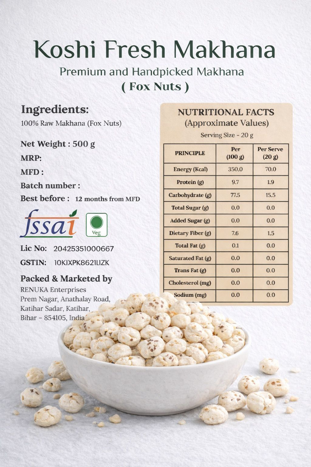Image of Koshi Fresh Premium Raw Makhana 500g Fox Nut