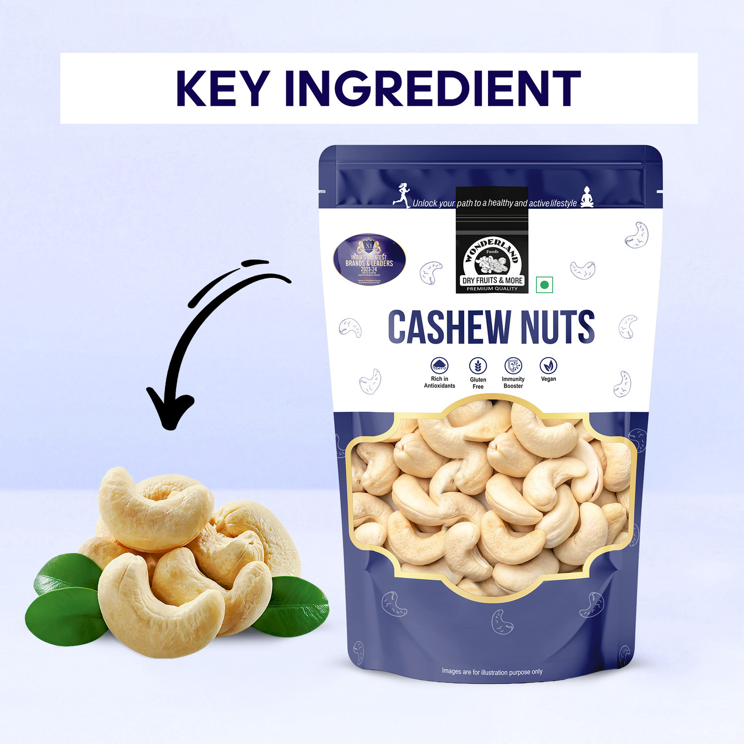Image of WONDERLAND Foods Premium Whole Raw Cashew (Kaju) 1Kg (500gX2) Pouch Kaju Kaaju Nuts Cashews