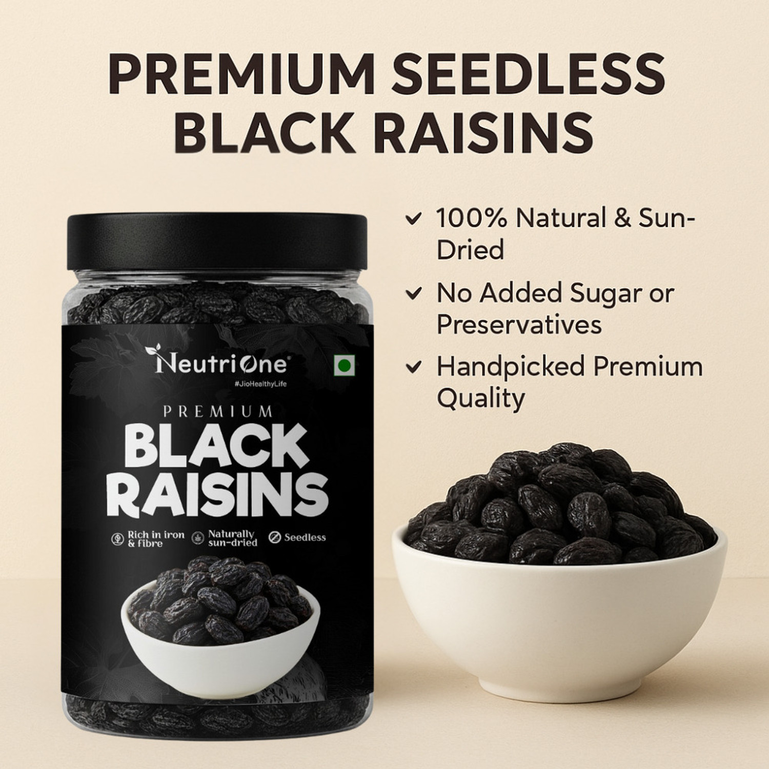 Image of NeutriOne Premium Black Raisins | Kismish 500 gm | Sweet & Soft Kishmish /Kismis dry fruits Raisins