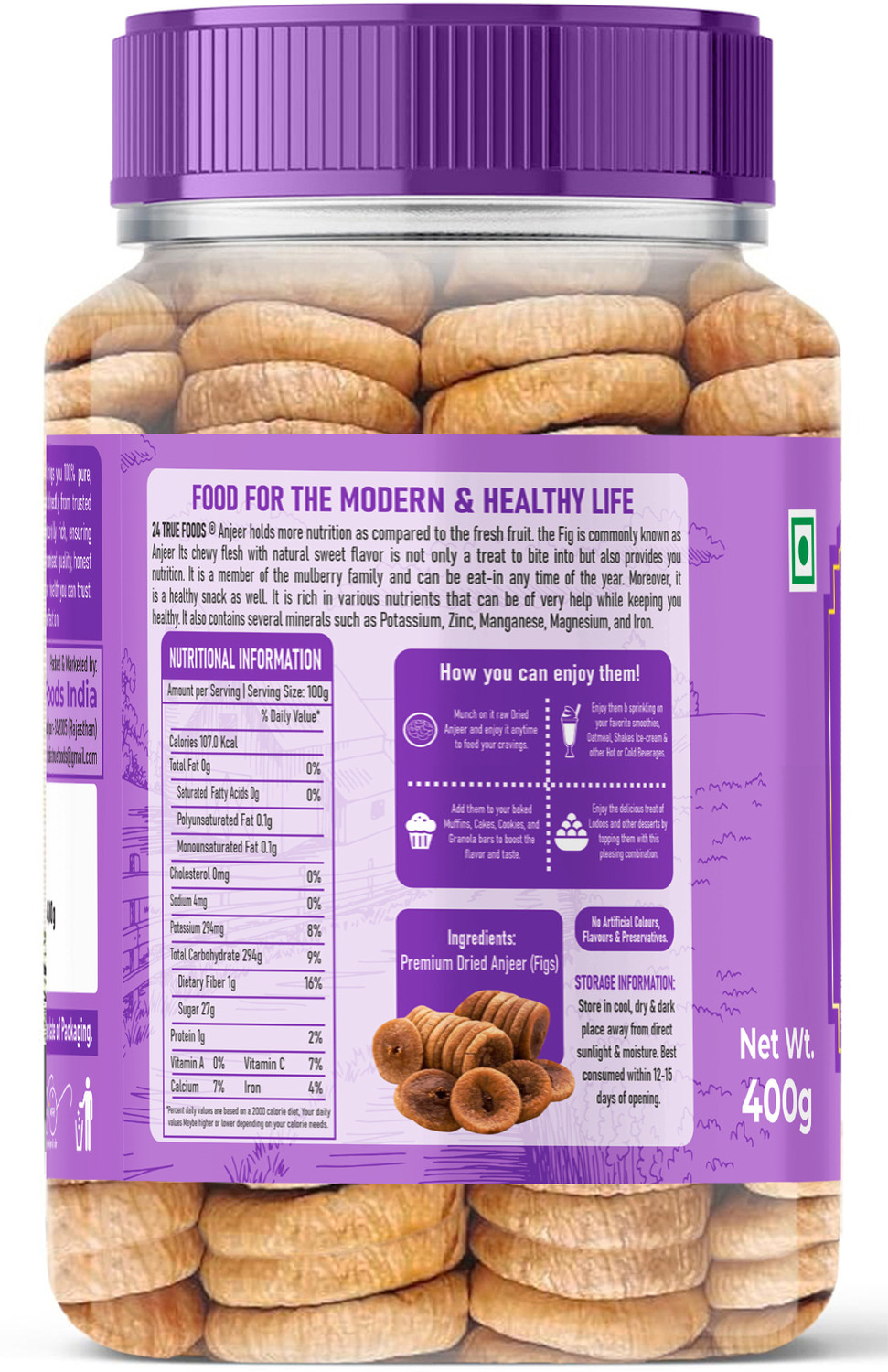 Image of 24 True Foods Afghani Anjeer (Dried Figs)- 400g | Rich in Fiber, Calcium & Antioxidants | Figs