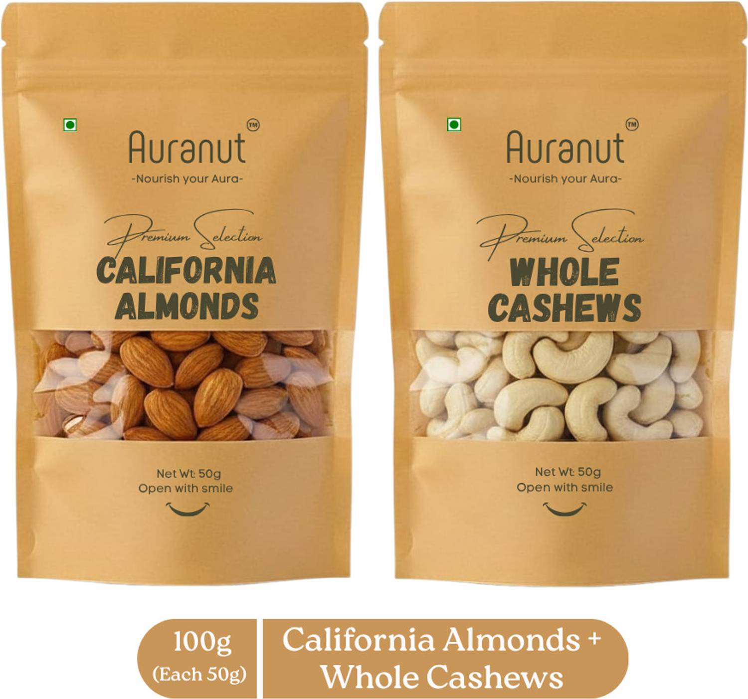 AURANUT Premium California Almond & Whole Cashews 100g Dry Fruits Combo Pack 50g Each Almonds, Cashews