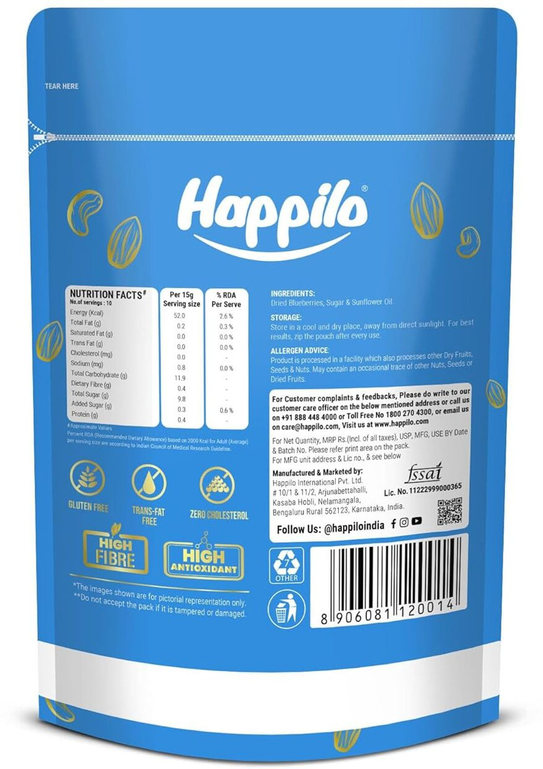 Image of Happilo Premium Dried Californian Bluberries 150gm Blueberry (1 x 150 g)