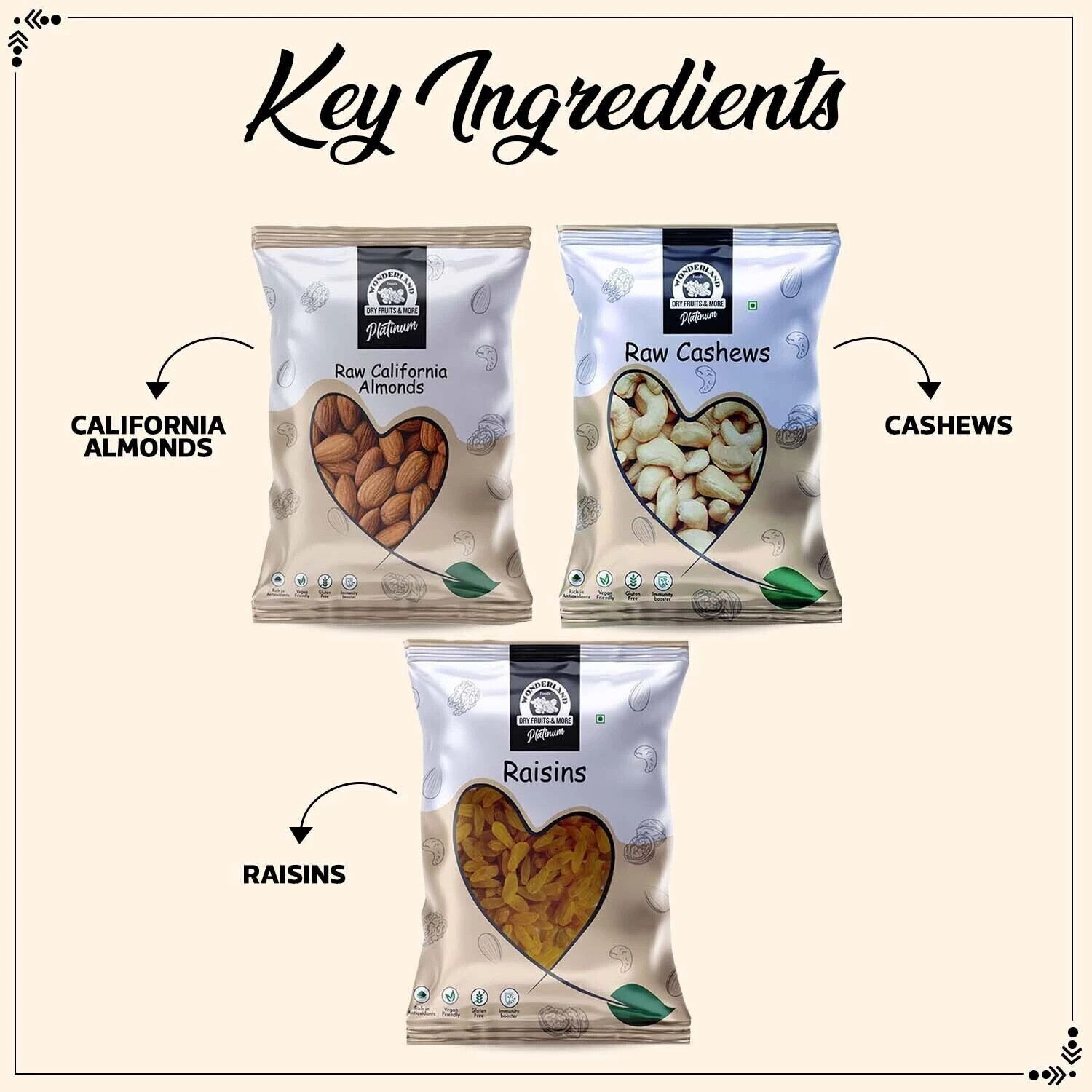Image of WONDERLAND Foods Hand Picked Premium Combo of Platinum Almonds, Cashews, Raisins