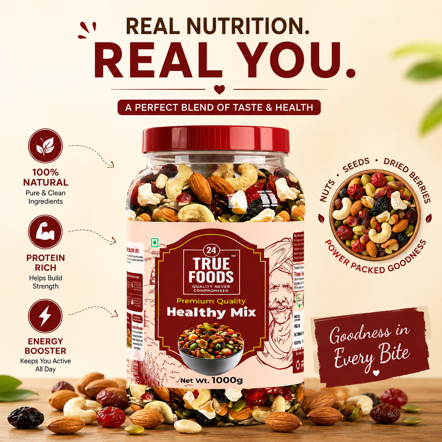 Image of 24 True Foods Healthy Mix Nuts & Seeds Combo | Super Nutritious Food | Dry Fruits Trail Mix | Assorted Nuts (1 x 400 g)