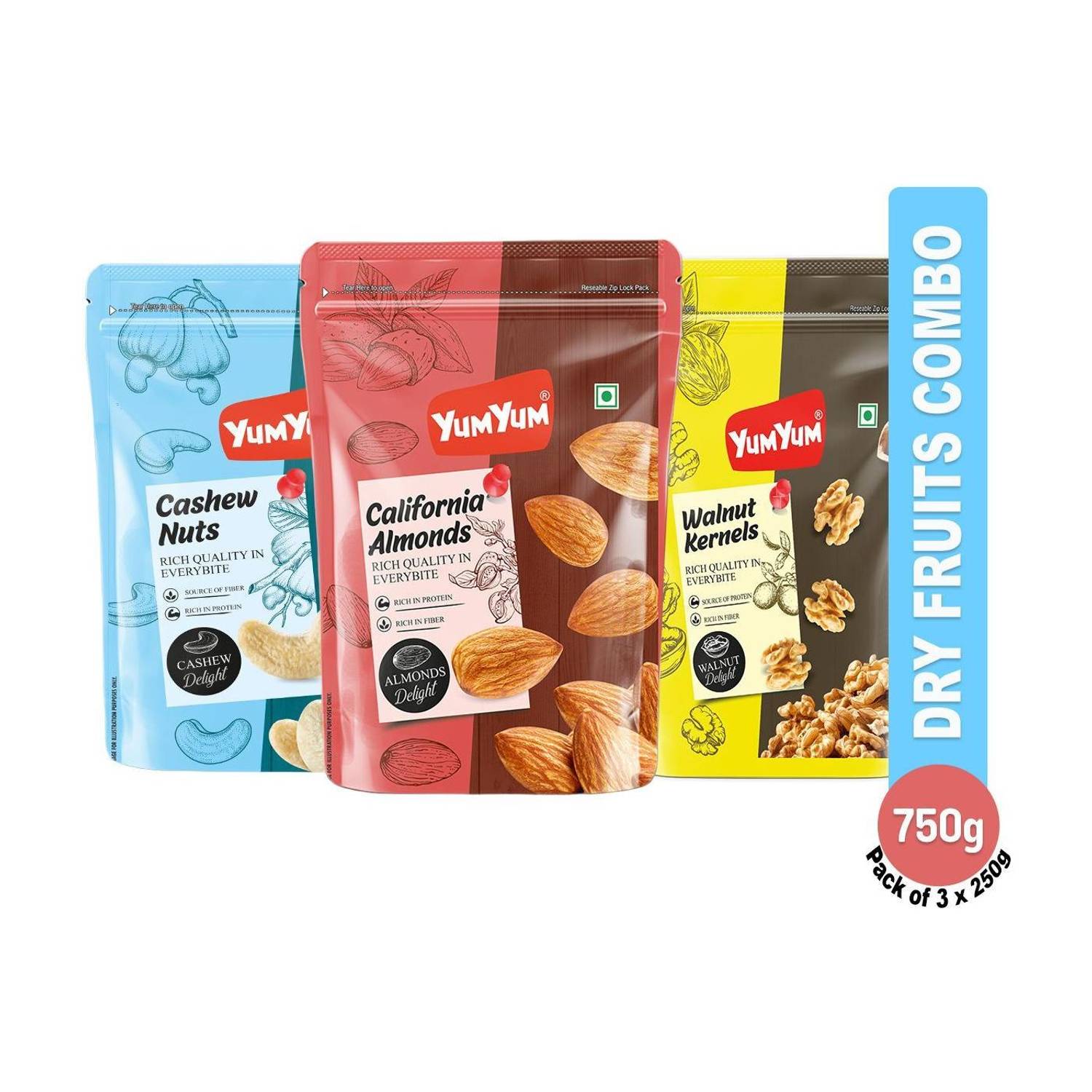 YUM YUM Dry fruits combo pack of Almonds, Cashew & Walnut | akhrot, kaju & badam 750gm - Almonds, Cashews, Walnuts