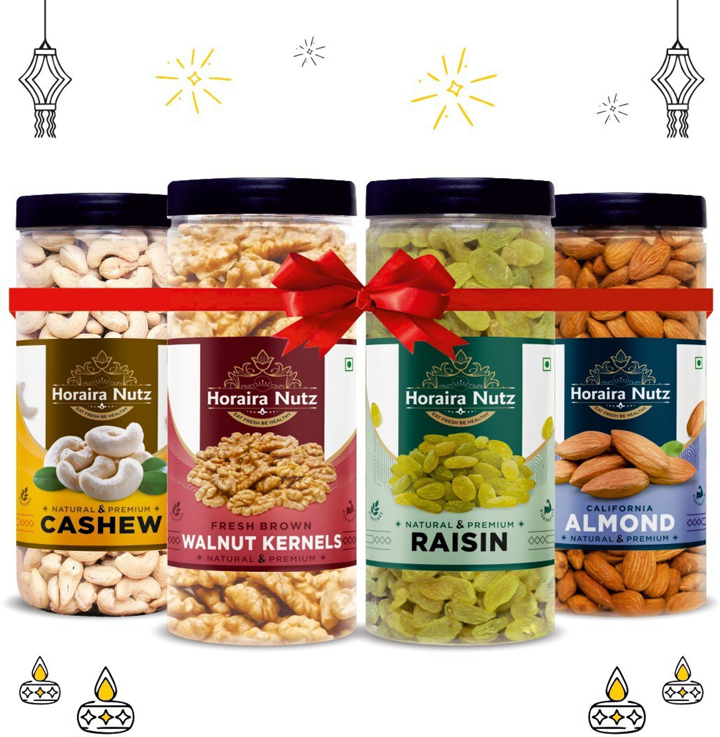 Image of Horaira Nutz Premium Dry Fruits Combo Pack Kaju ,Brown Akhrot giri, Kishmish, Badam 4x250g Cashews, Walnuts, Raisins, Almonds