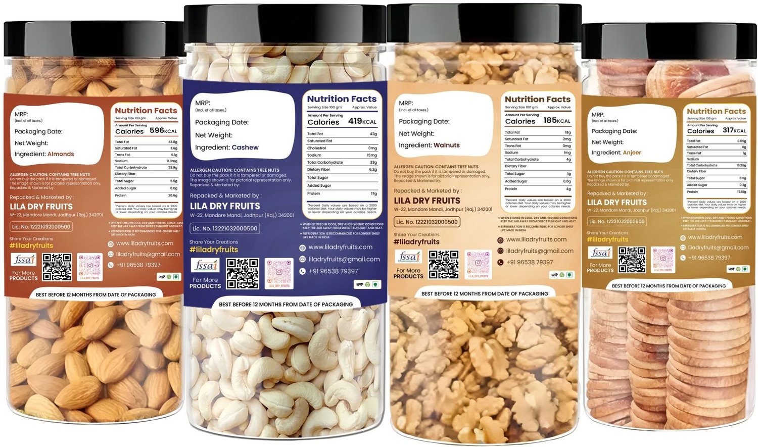 Image of lila dry fruits Almond(100gm), Cashew (100gm), Walnut (100gm) & Figs(100 gm) Combo Almonds, Cashews, Walnuts, Figs