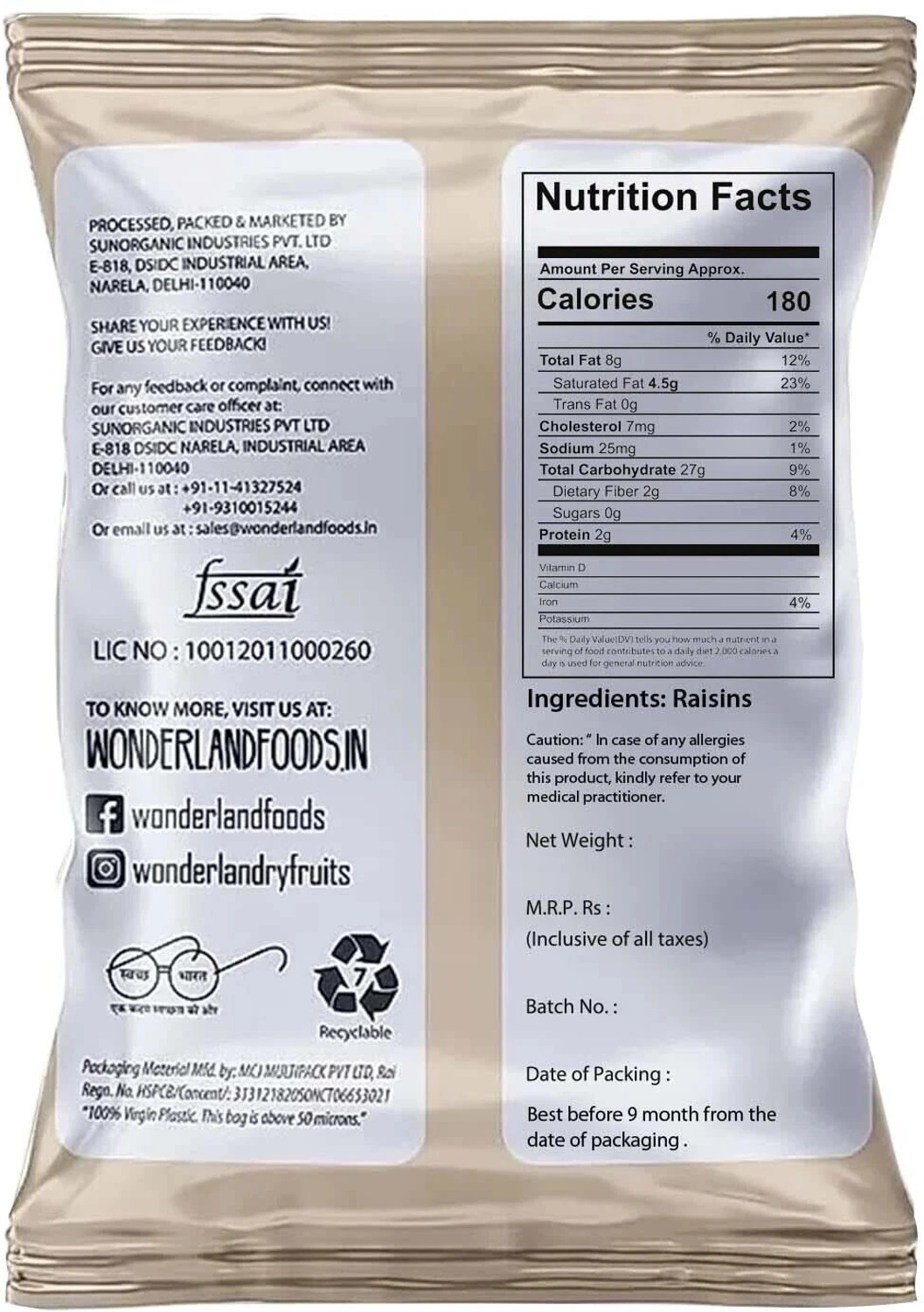 Image of WONDERLAND Foods Plain Kishmish Dry Grapes Raisins