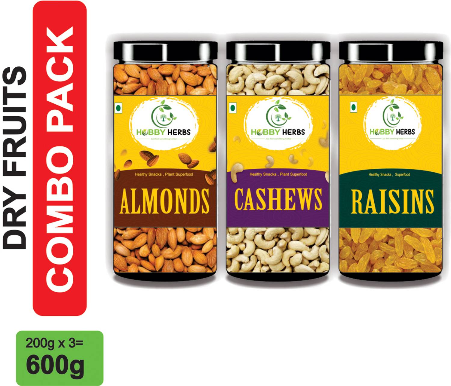 Hobby Herbs Almonds , Cashew & Raisins Combo 600g | Combo ( Badam , Kaju & Kishmish) | Almonds, Cashews, Raisins