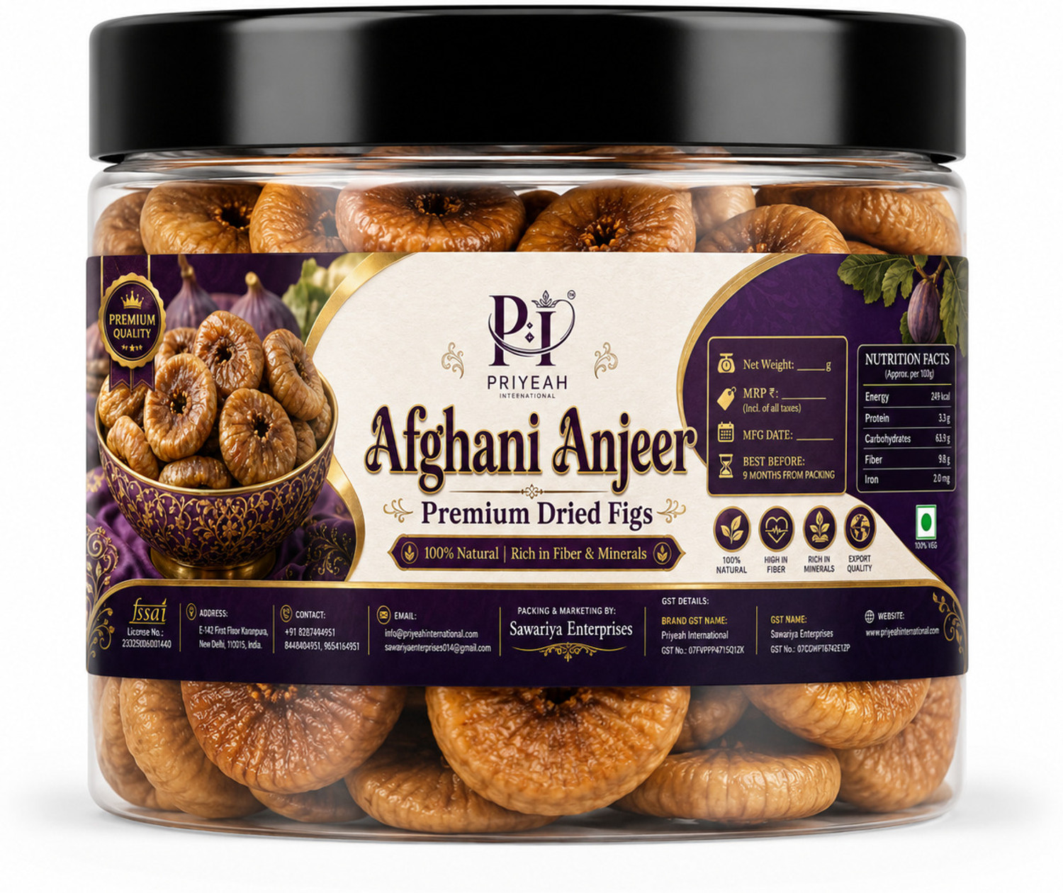 Image of Priyeah international Priyeah Premium Anjeer 250g | Dried Figs | Healthy Fiber Rich Snack Figs