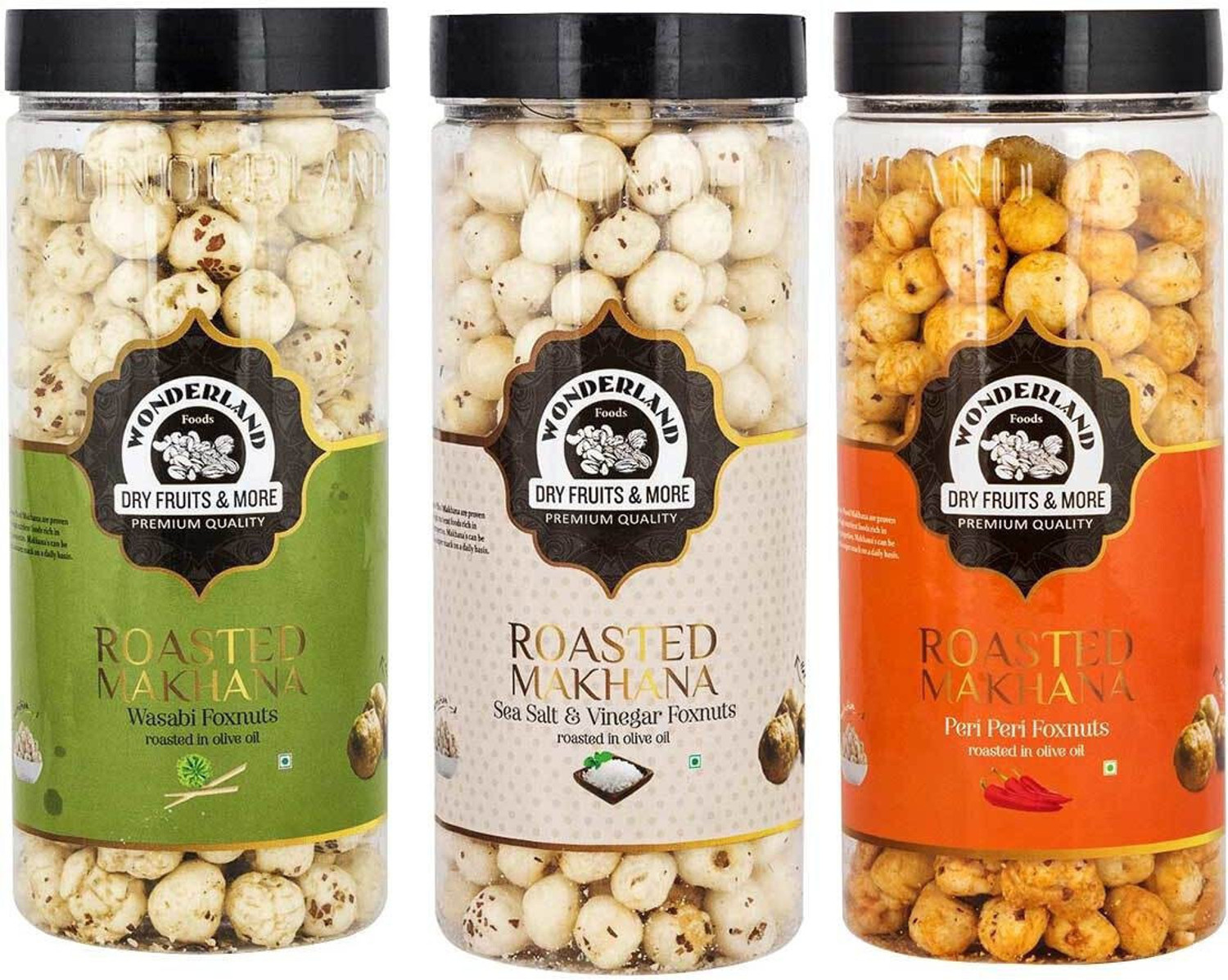 Image of WONDERLAND Roasted Makhana Wasabi, Sea Salt Vinegar & Peri Peri Foxnuts Assorted Nuts