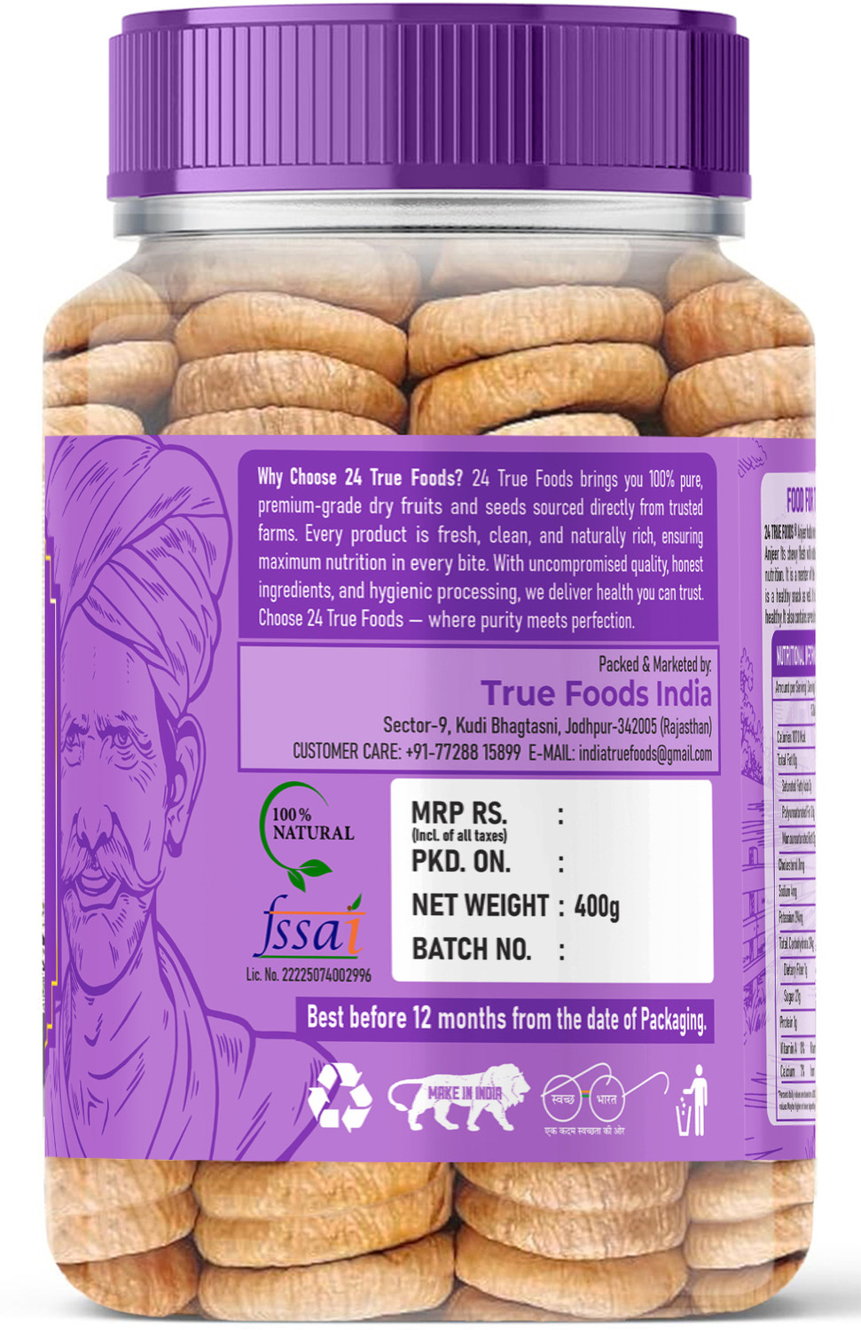 Image of 24 True Foods Afghani Anjeer (Dried Figs)- 400g | Rich in Fiber, Calcium & Antioxidants | Figs