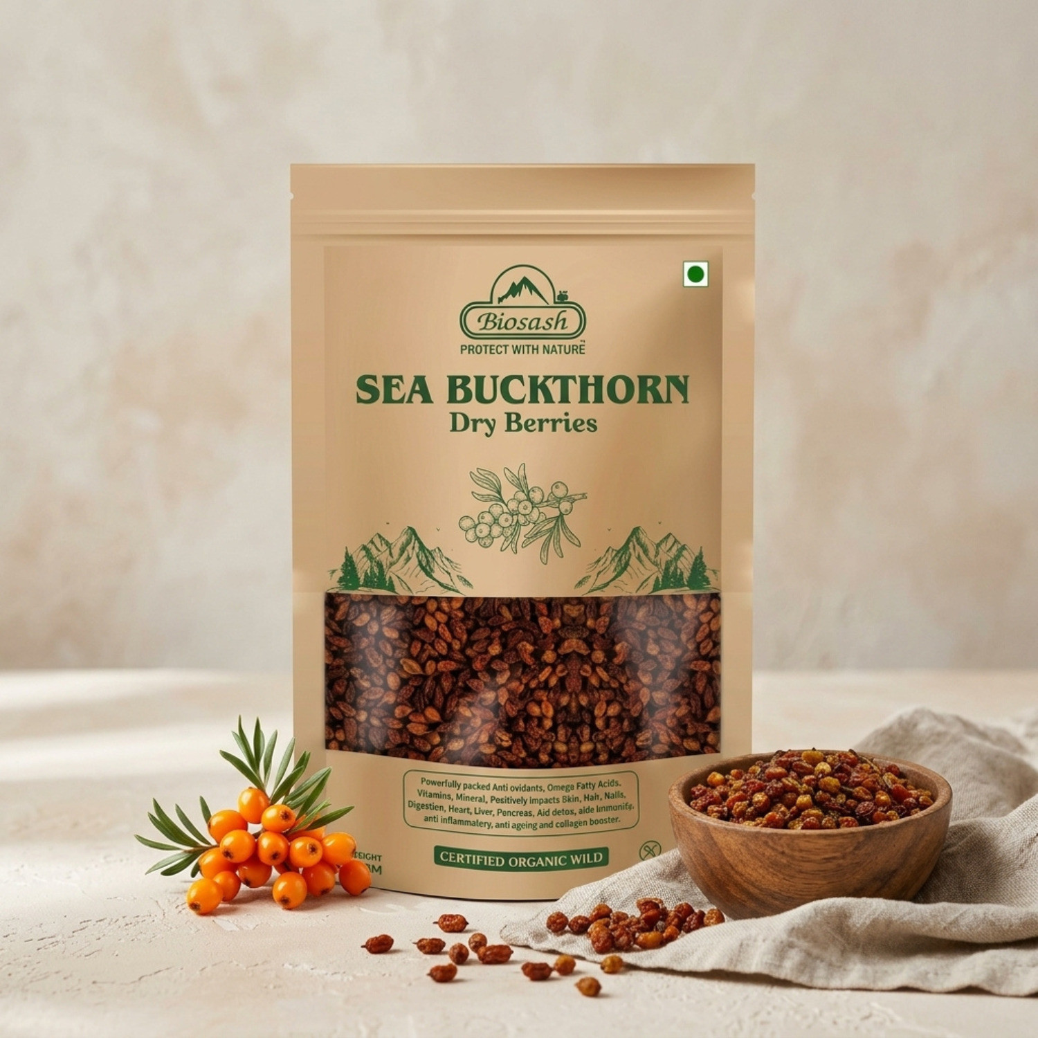 Image of BIOSASH Sun Dried Seabuckthorn Berries With Vitamins & Omega 3 6 7 & 9 Filbert Nuts