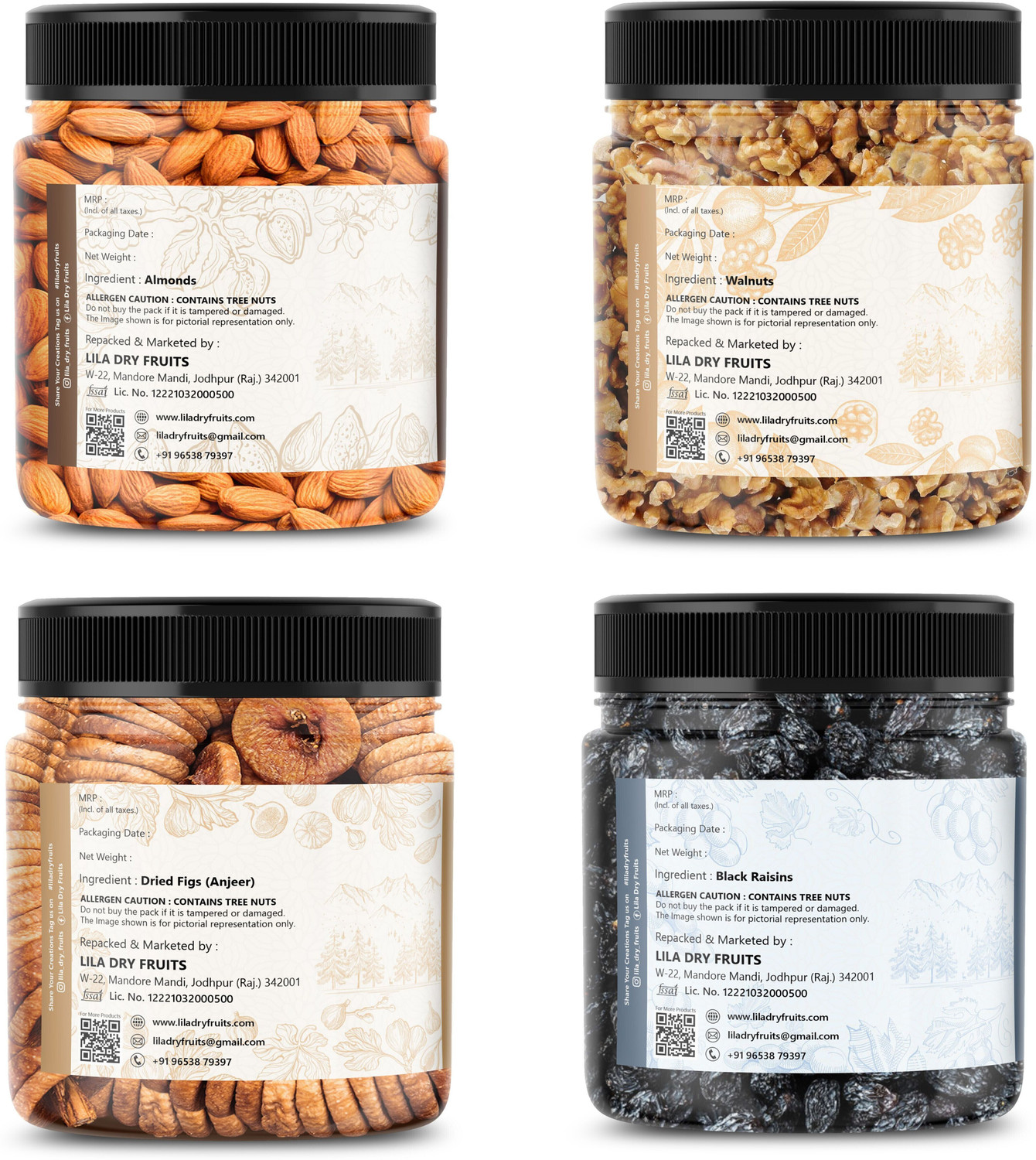 Image of lila dry fruits Anjeer Badam Akhrot Kali Kishmis | Healthy and Tasty | Perfect for Gifting Figs, Almonds, Walnuts, Raisins (4 x 100 g)