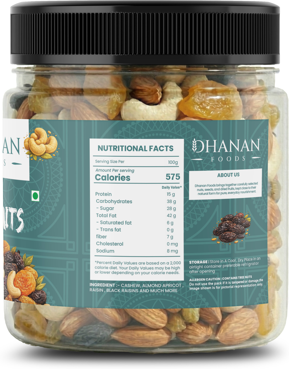 Image of Dhanan foods Natural Premium Healthy Nutmixed[ 250gm ][ JAR ] Almonds, Assorted Fruits & Nuts, Cashews, Dry Dates, Raisins, Kernels