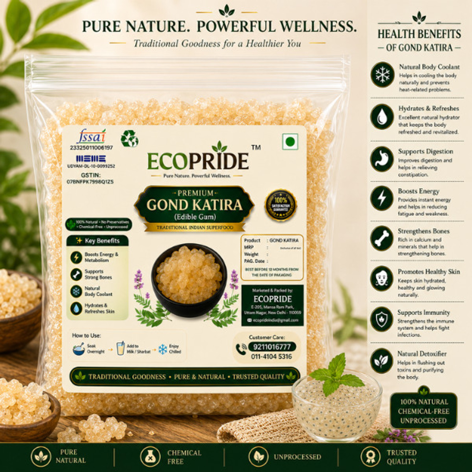 Image of ECOPRIDE Pure Gond Katira Edible Gum ,Tragacanth,Kathila Gum Dried Gum Natural Super food Dried Gum