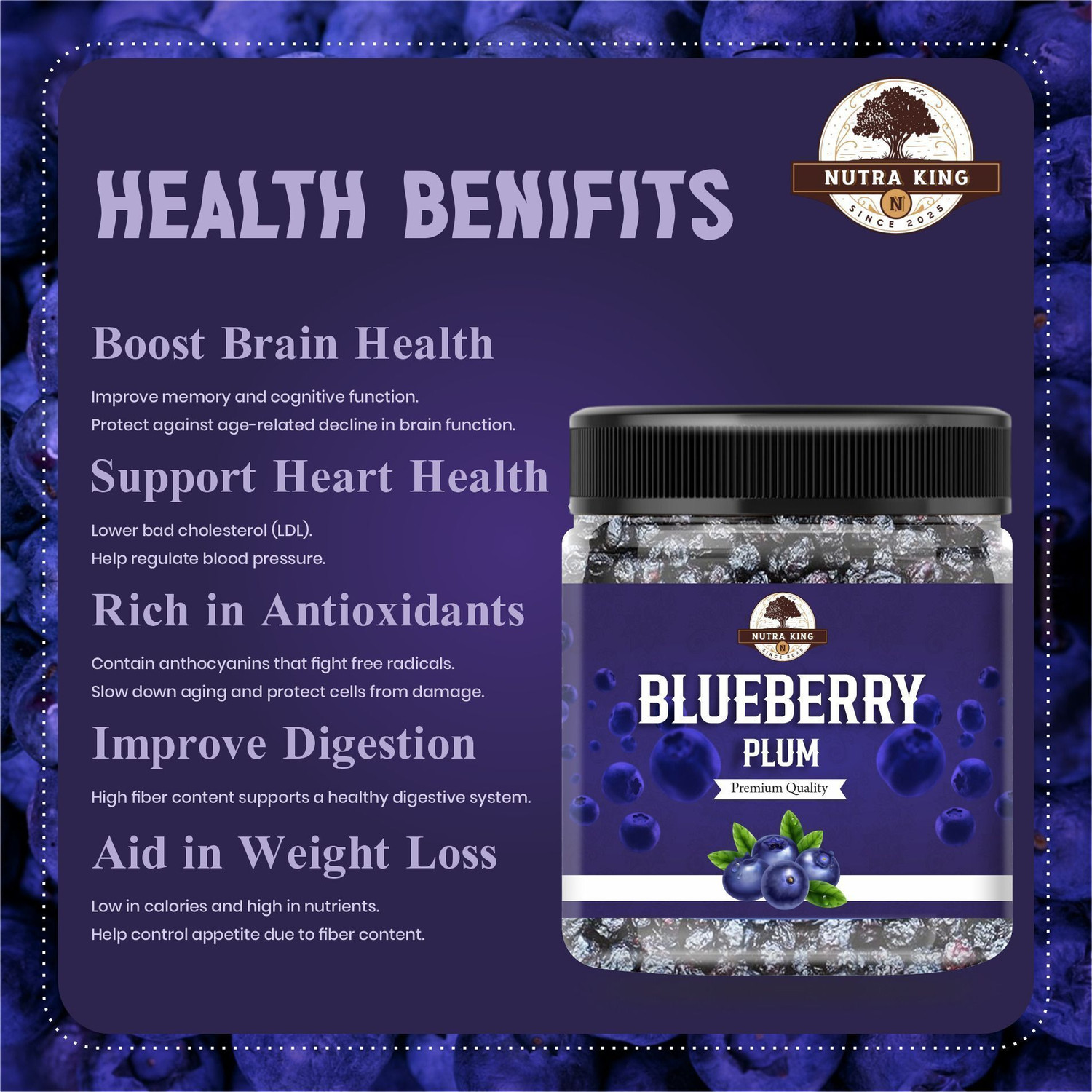 Image of NUTRA KING Dried Blueberry Plum | Unsweetened Blueberries | Rich in Vitamins & Fibers | Blueberry
