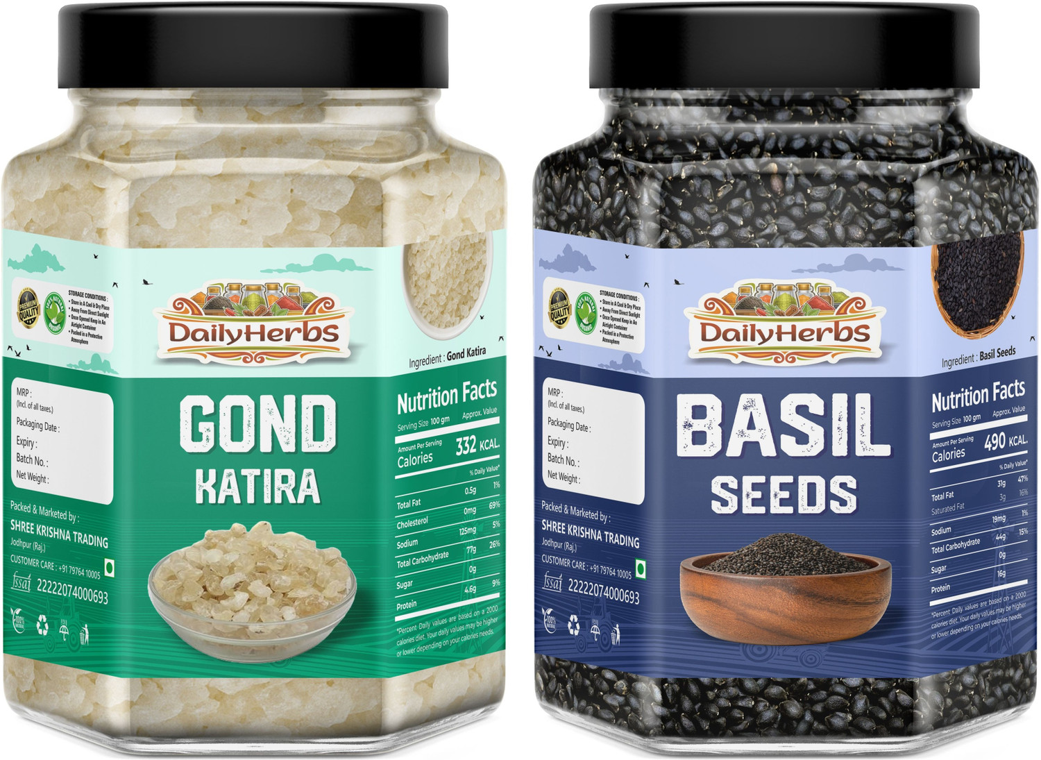 Image of DAILYHERBS Summer Heat Cooler Combo Pack - Gond Katira & Basil seeds Dried Gum
