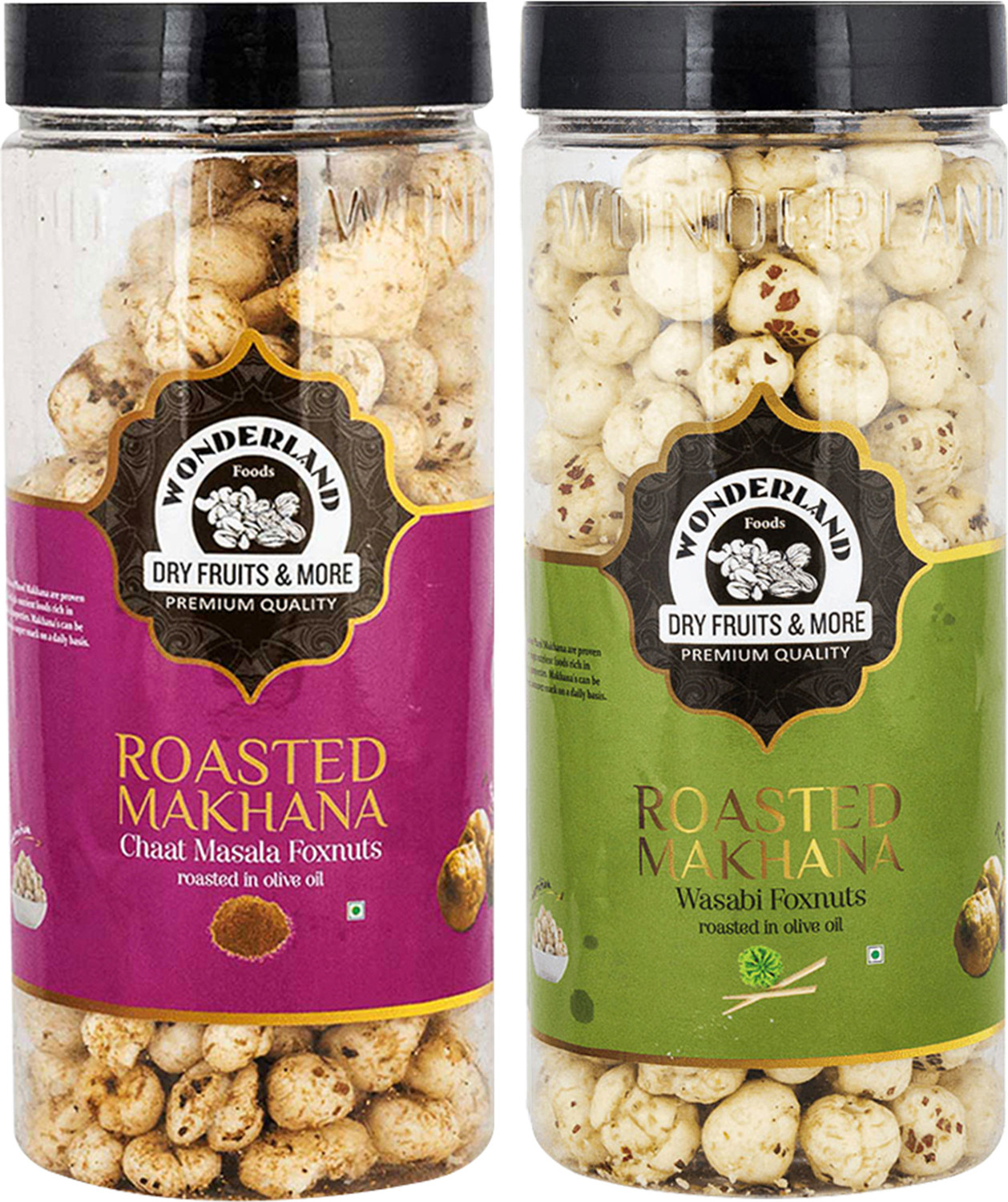 Image of WONDERLAND Makhana Wasabi & Chaat Masala Foxnuts (Pack of 2-100g Each) Assorted Nuts