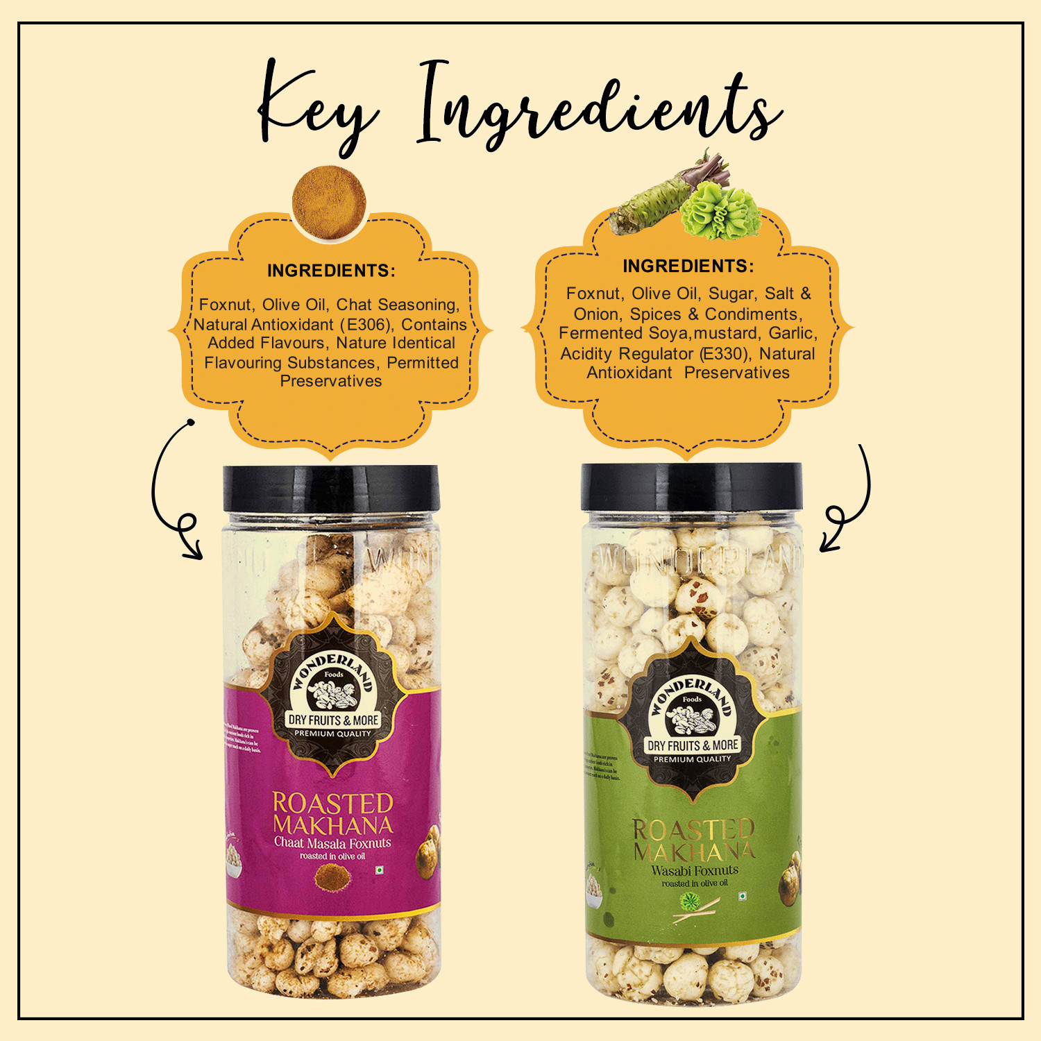 Image of WONDERLAND Makhana Wasabi & Chaat Masala Foxnuts (Pack of 2-100g Each) Assorted Nuts