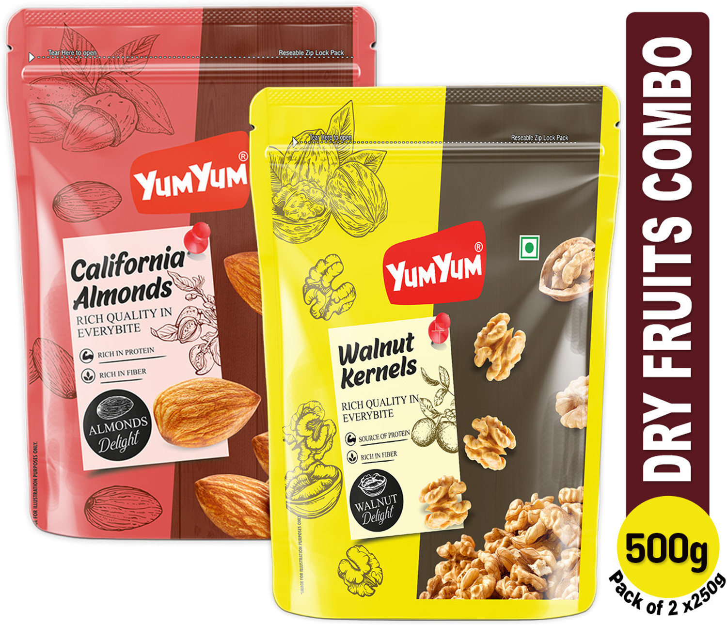 Image of YUM YUM Dry Fruits 500g Combo Pack - Badam 250g, Akhrot Giri 250g Jar Each - Almonds, Walnuts