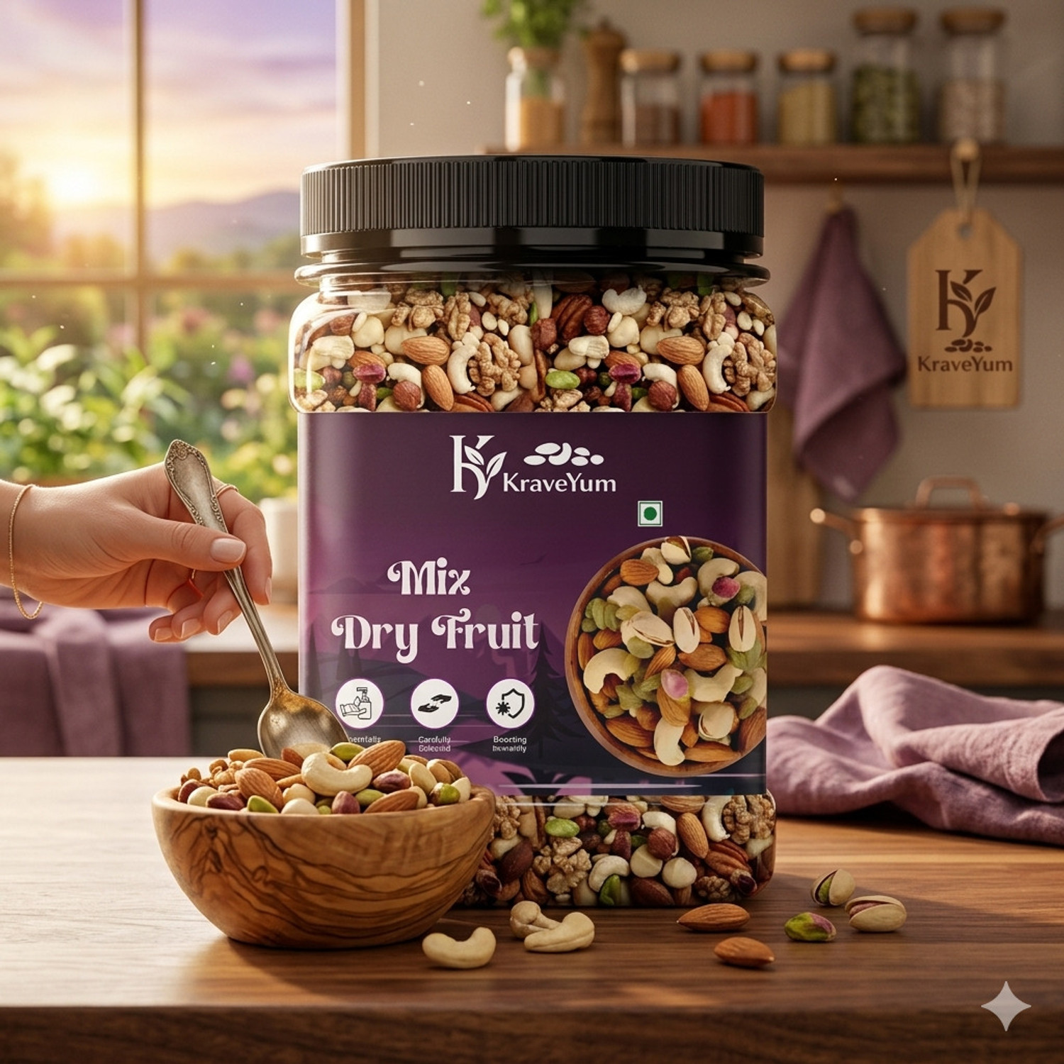 Image of KraveYum Healthy Mix Dry Fruits | Nutrient Rich, Energy Boosting Snack - Almonds, Cashews, Pistachios, Dates, Walnuts, Raisins