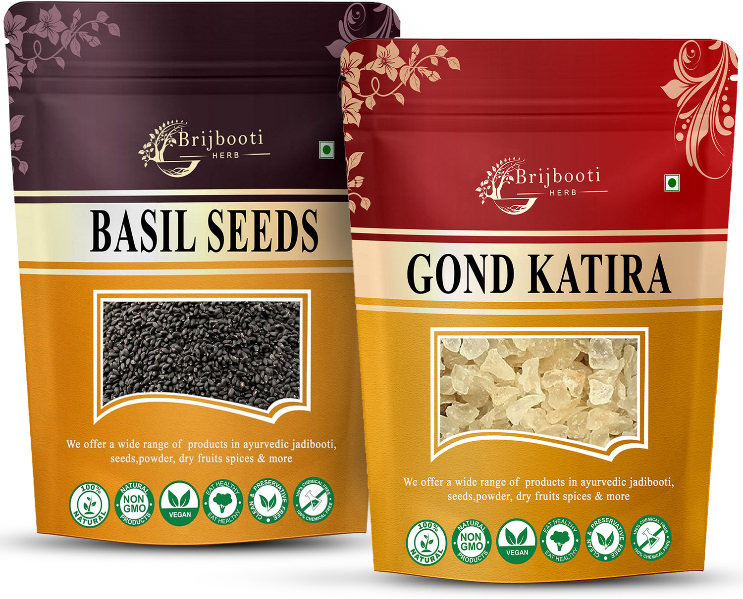 Image of BrijBooti Gond katira 100g & Sabja seeds 100g Combo | Tragacanth Gum Crystals & Tukhmaria Dried Gum