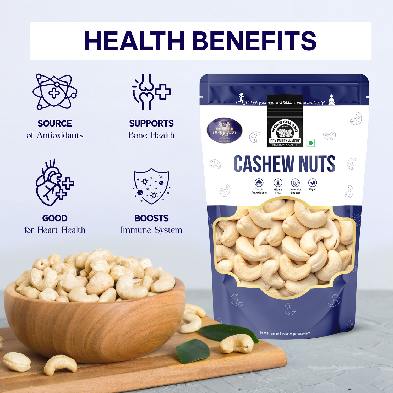 Image of WONDERLAND Foods Premium Whole Raw Cashew (Kaju) 1Kg (500gX2) Pouch Kaju Kaaju Nuts Cashews