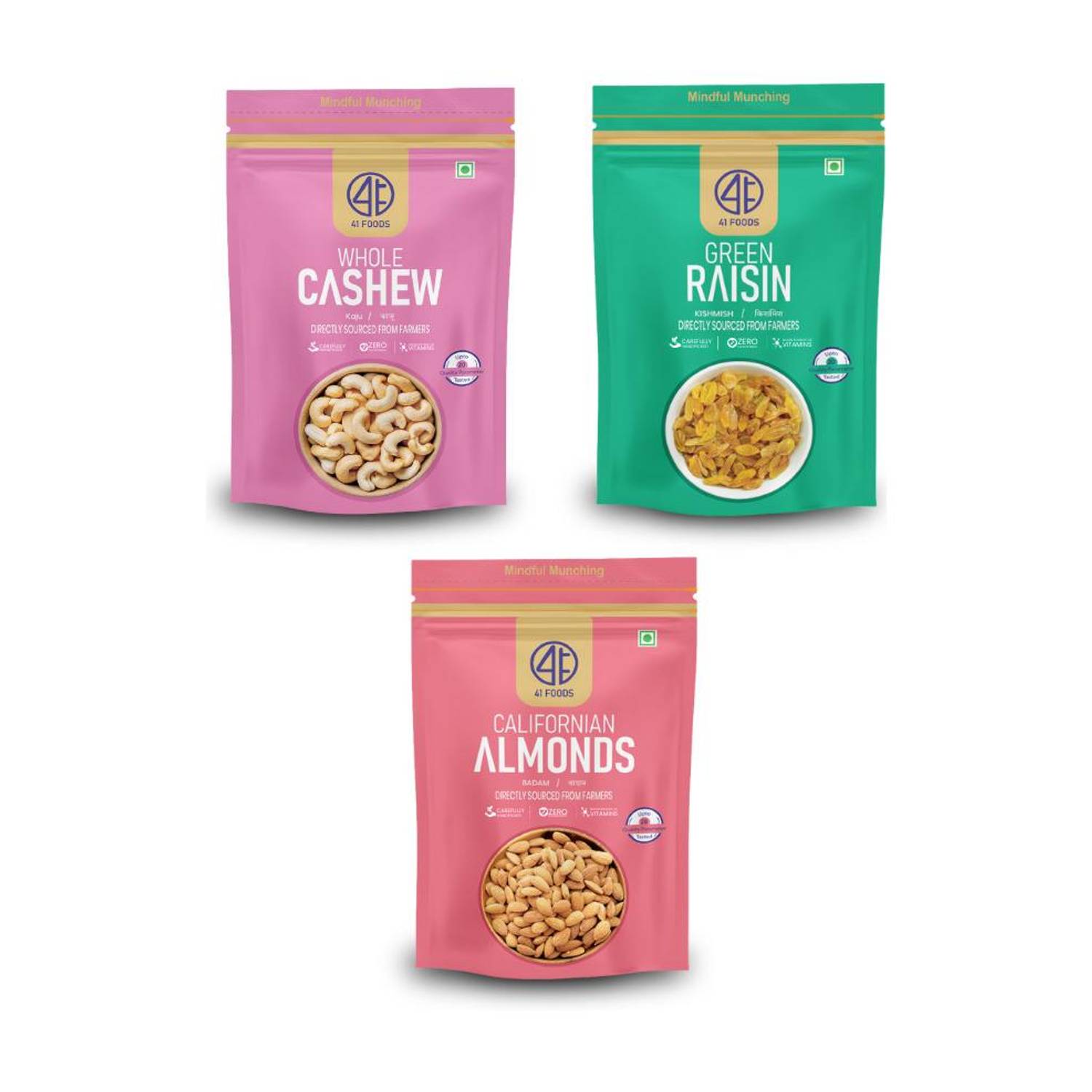 41 foods Dry fruits combo pack of Cashews Almonds Raisins | Kismis Kaju Badam 600GM Almonds, Cashews, Raisins