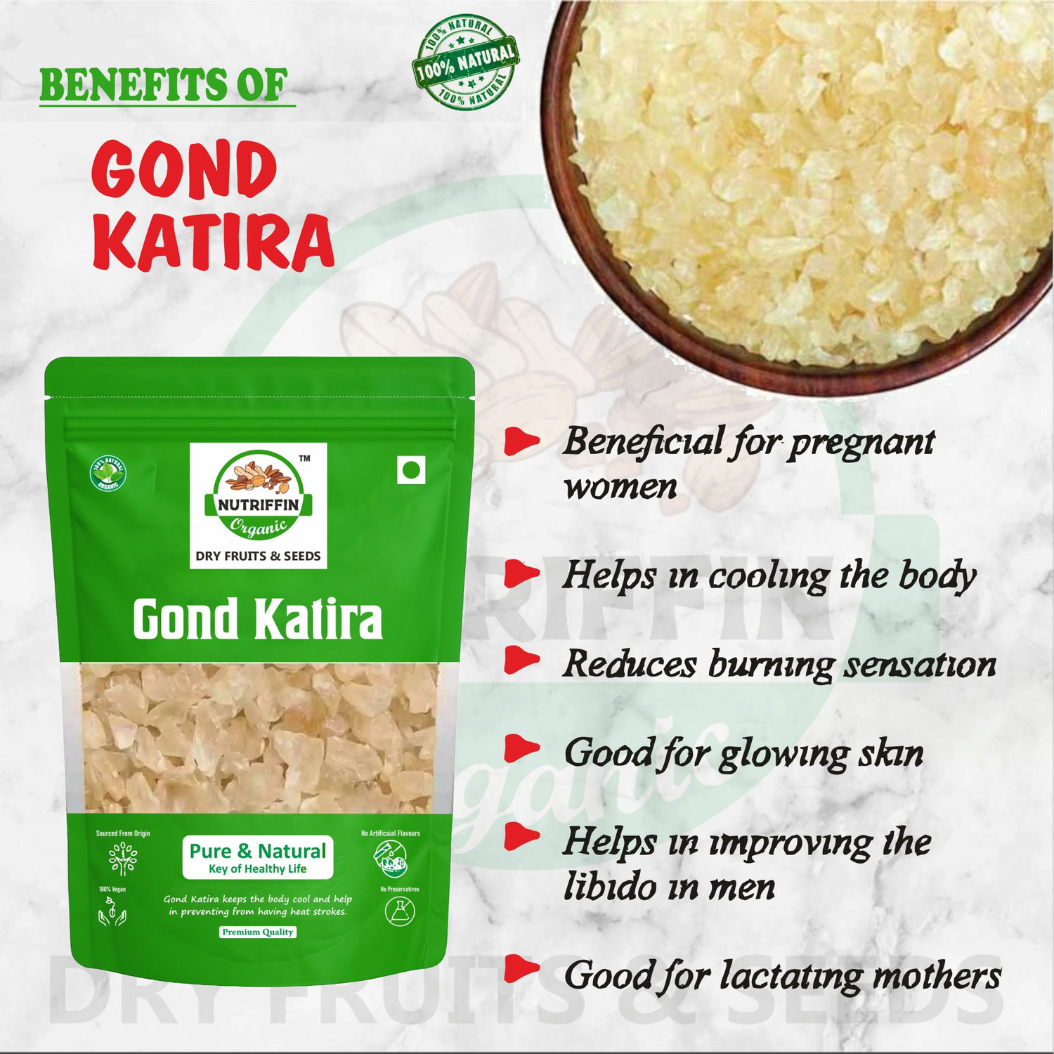 Image of Nutriffin Organic Gond Katira Pure (Edible ) | Tragacanth | Keep body cool | Dried Gum Seed
