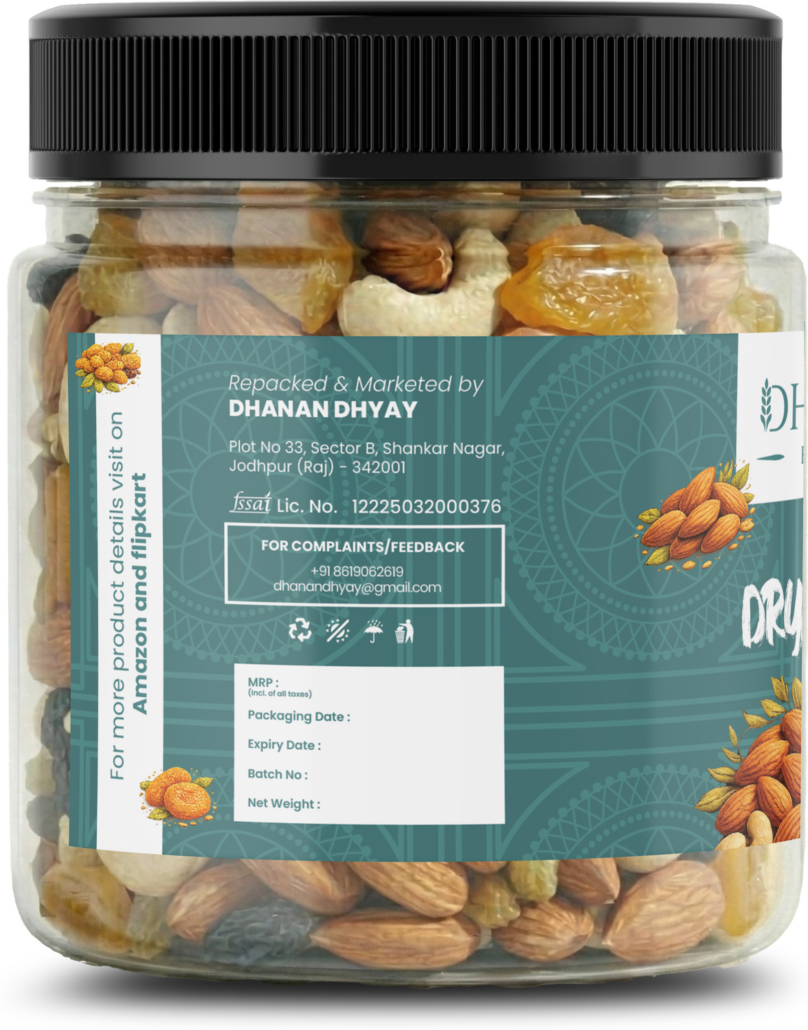 Image of Dhanan foods Natural Premium Healthy Nutmixed[ 250gm ][ JAR ] Almonds, Assorted Fruits & Nuts, Cashews, Dry Dates, Raisins, Kernels