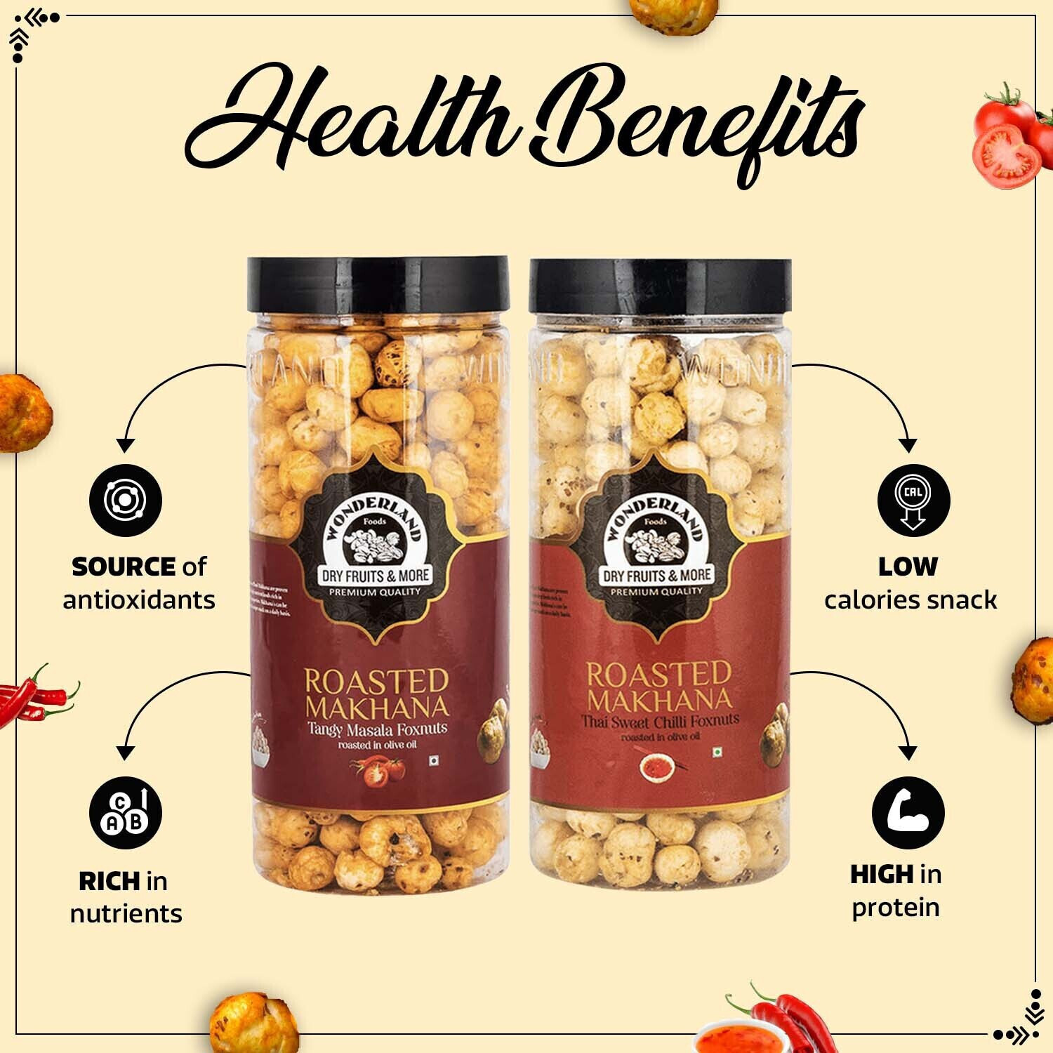 Image of WONDERLAND Roasted Makhana Tangy Masala & Thai Sweet Chilli Foxnuts Assorted Nuts