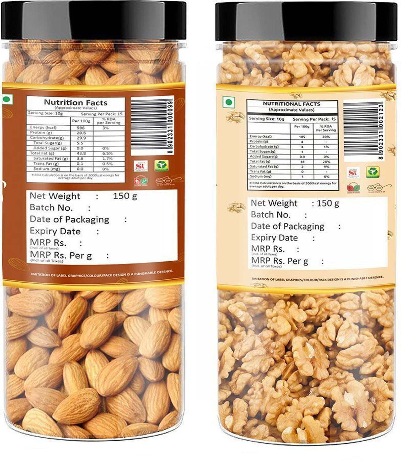 Image of YUM YUM Dry Fruits 300g Combo Pack - Badam 150g, Akhrot Giri 150g Jar Each - Almonds, Walnuts